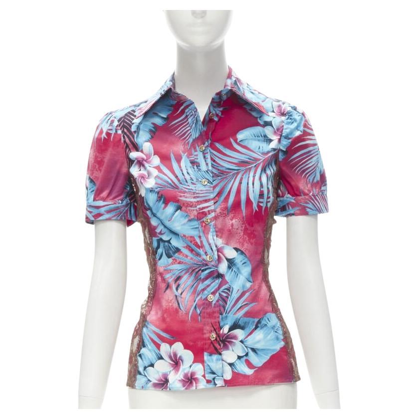 rare D&G DOLCE GABBANA Vintage blue pink sheer lace panel side Hawaiian shirt XS en vente