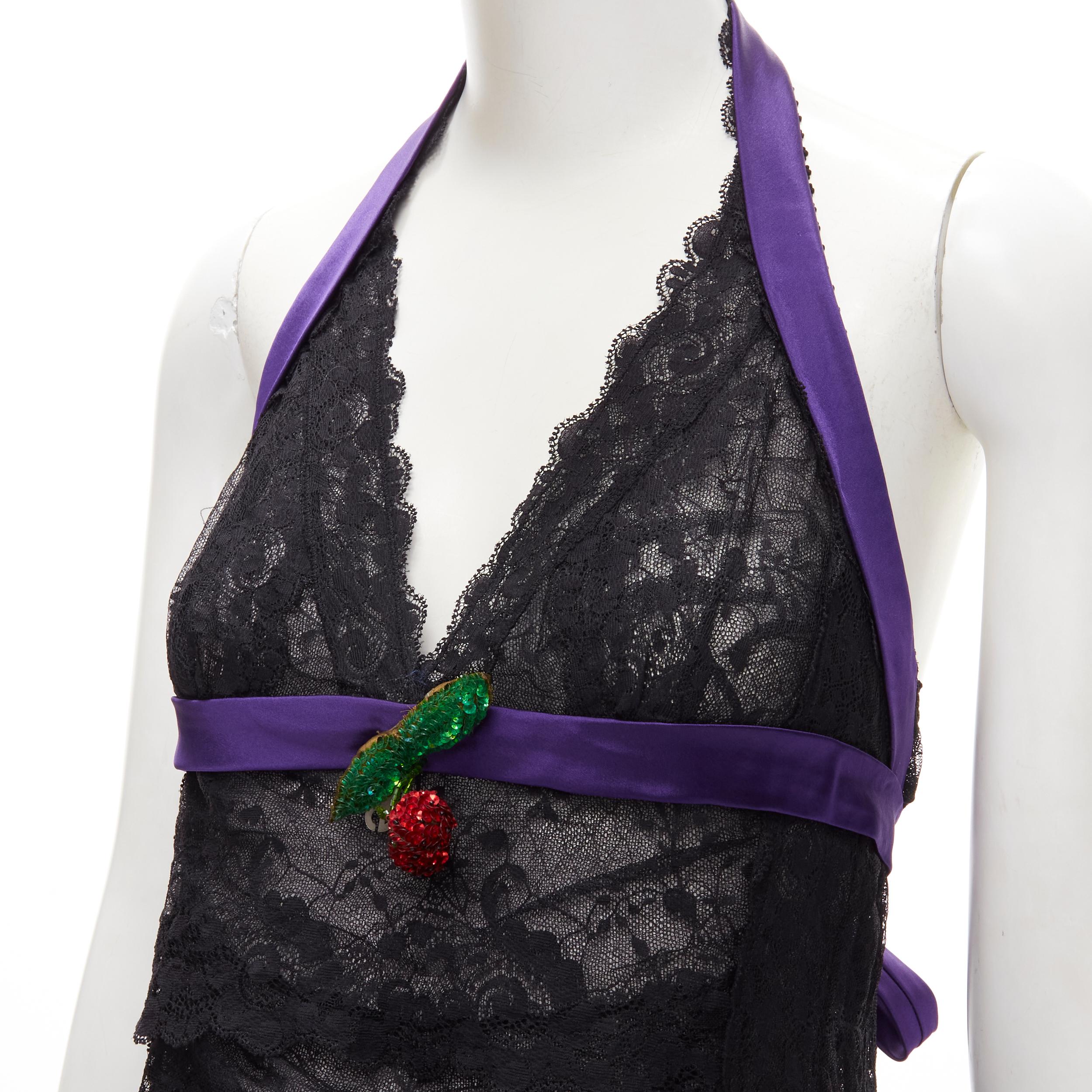 rare D&G DOLCE GABBANA Vintage cherry sequins charm black lace halter tie top S 
Reference: ANWU/A00603 
Brand: D&G 
Material: Feels like lace 
Color: Black 
Pattern: Lace 
Closure: Halter 
Extra Detail: Sequins embellished cherry brooch at bust