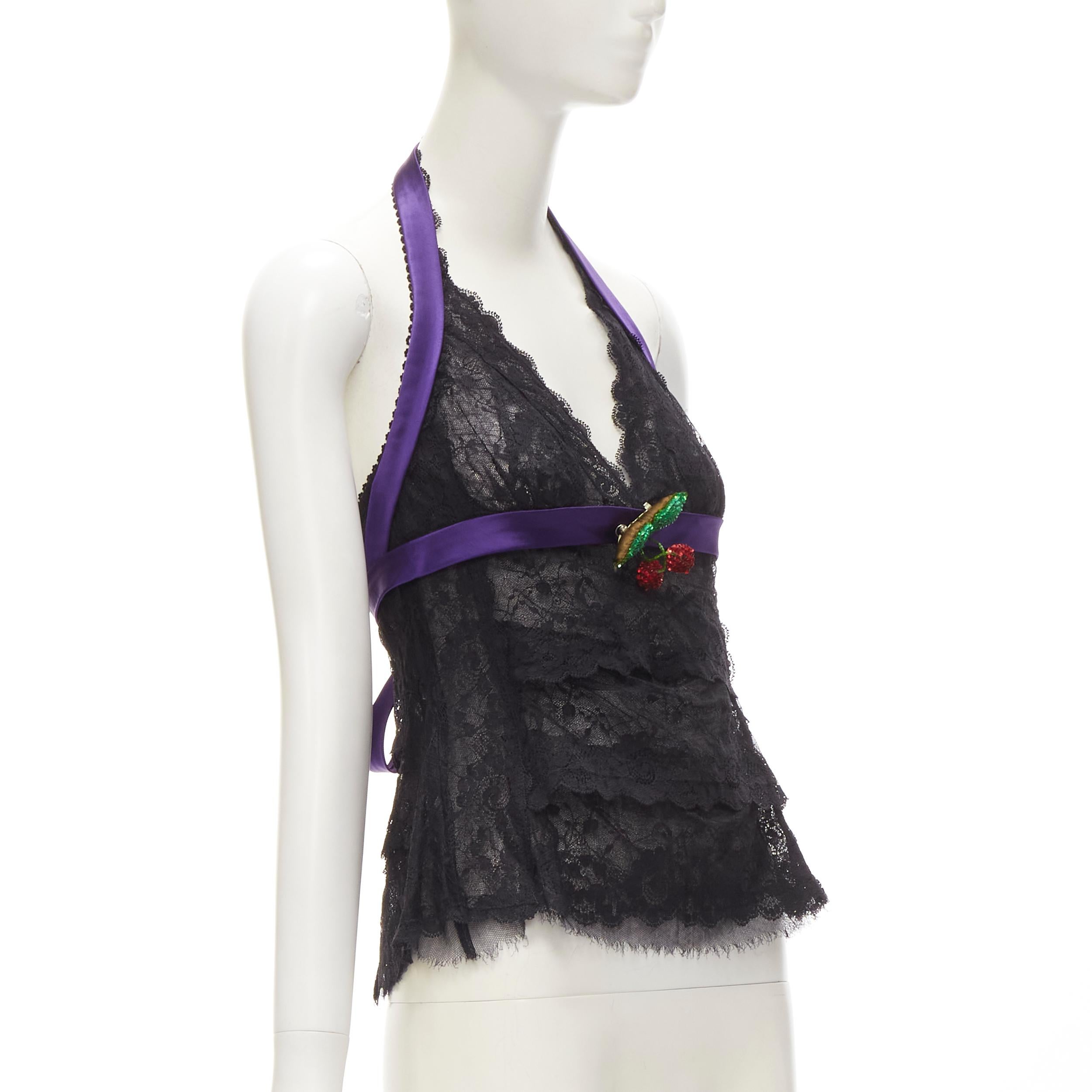 rare D&G DOLCE GABBANA Vintage cherry sequins charm black lace halter tie top S In Excellent Condition In Hong Kong, NT