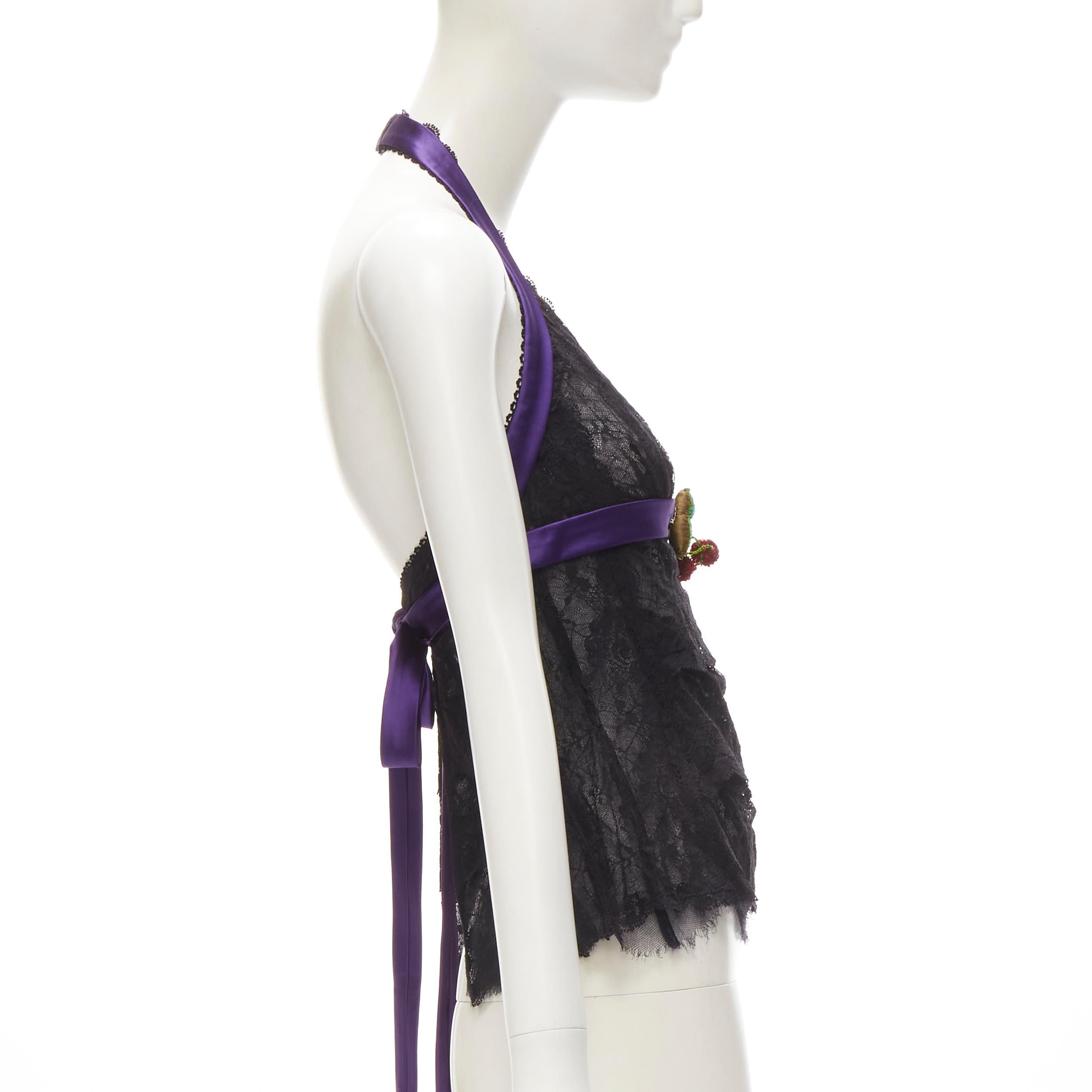 Women's rare D&G DOLCE GABBANA Vintage cherry sequins charm black lace halter tie top S
