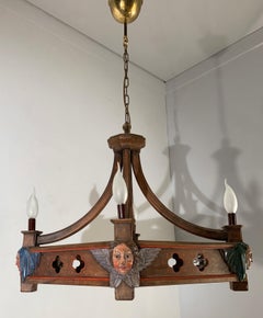 Rare Diamond Shape, Gothic Style Chandelier, Carved Theatrical Mask Sculptures