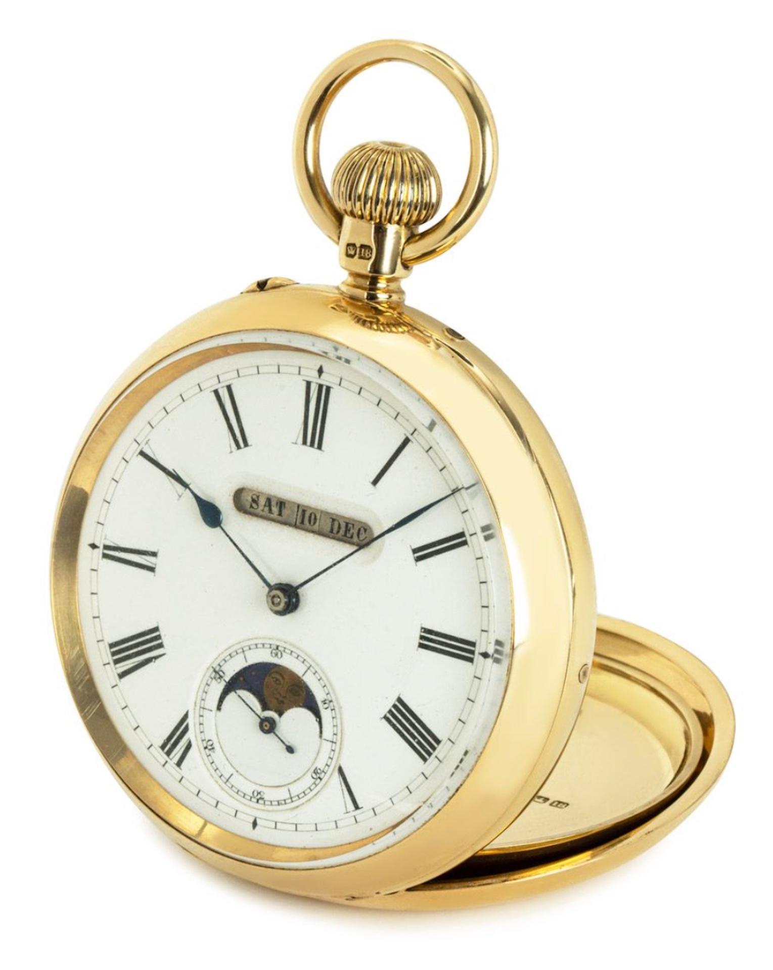 A Rare Digital Triple Calendar Moon Phase 18ct Yellow Gold Keyless Lever Open Face Pocket Watch C1880s.

Dial: The perfect white enamel dial Roman Numerals with outer minute track with digital apertures for the Day, Date, Month and moon phase. blued