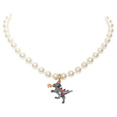 rare DIOR CD logo green fire dinosaur dragon pendant pearl choker necklace