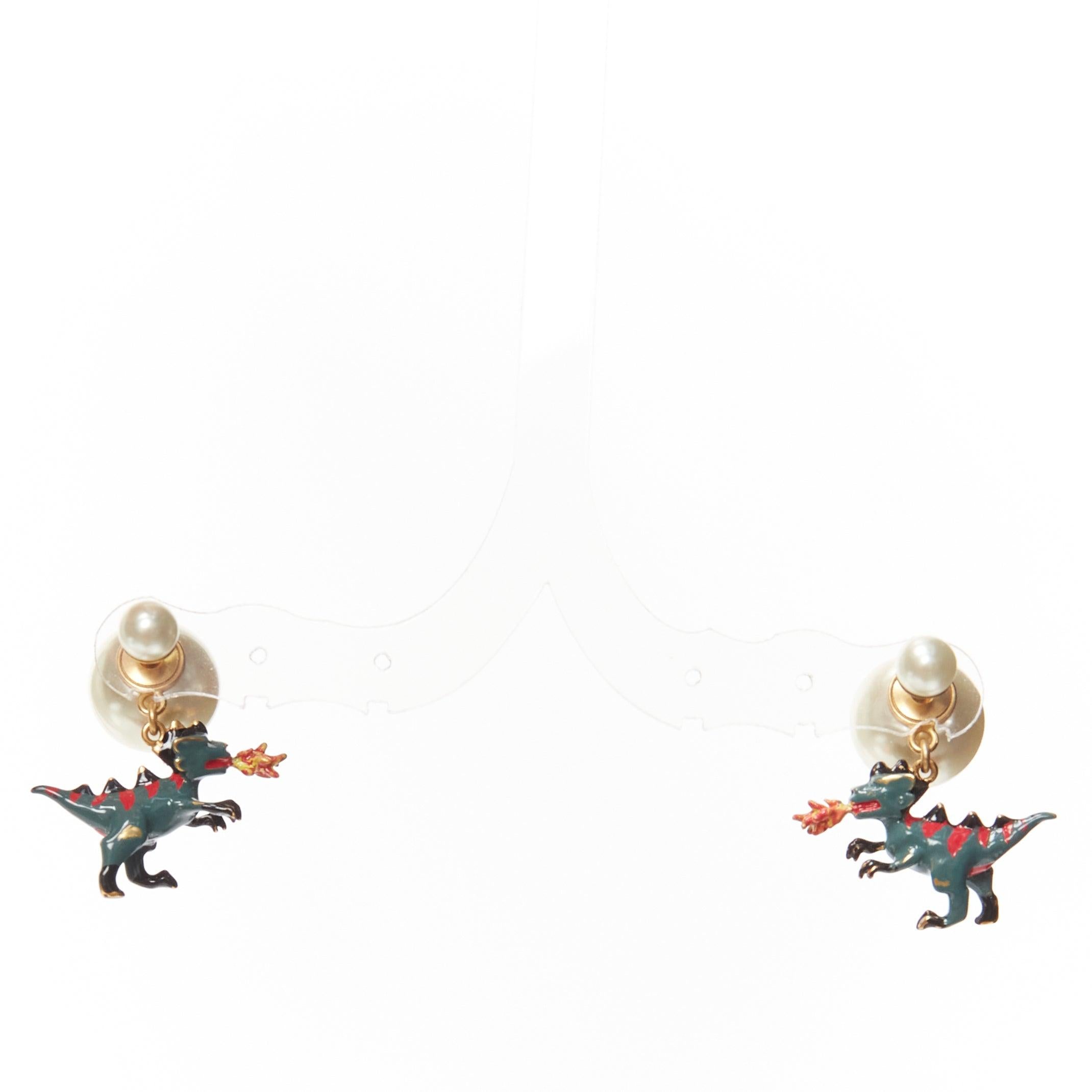 rare DIOR Tribale pearl green dragon dinosaur charm pin earrings pair In Excellent Condition For Sale In Hong Kong, NT