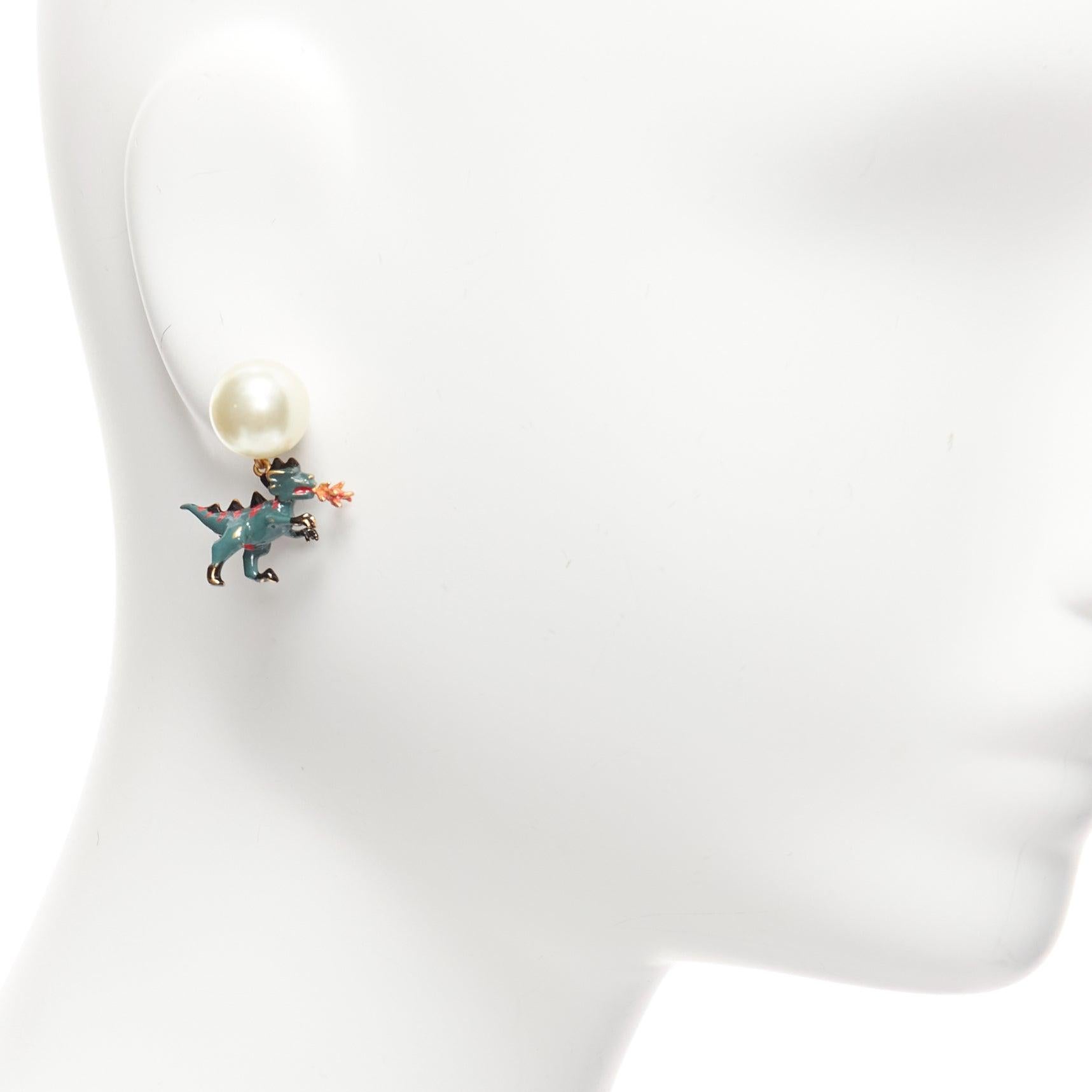 Women's rare DIOR Tribale pearl green dragon dinosaur charm pin earrings pair For Sale