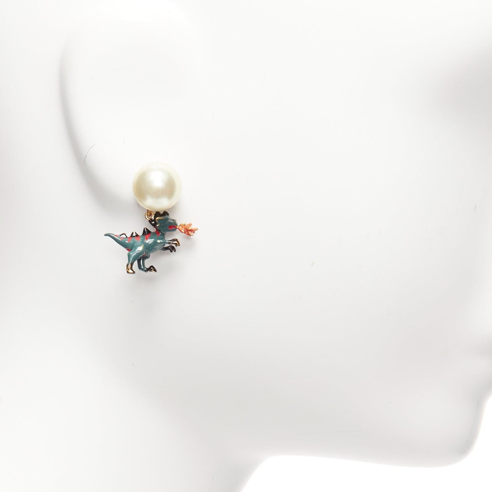 rare DIOR Tribale pearl green dragon dinosaur charm pin earrings pair 1