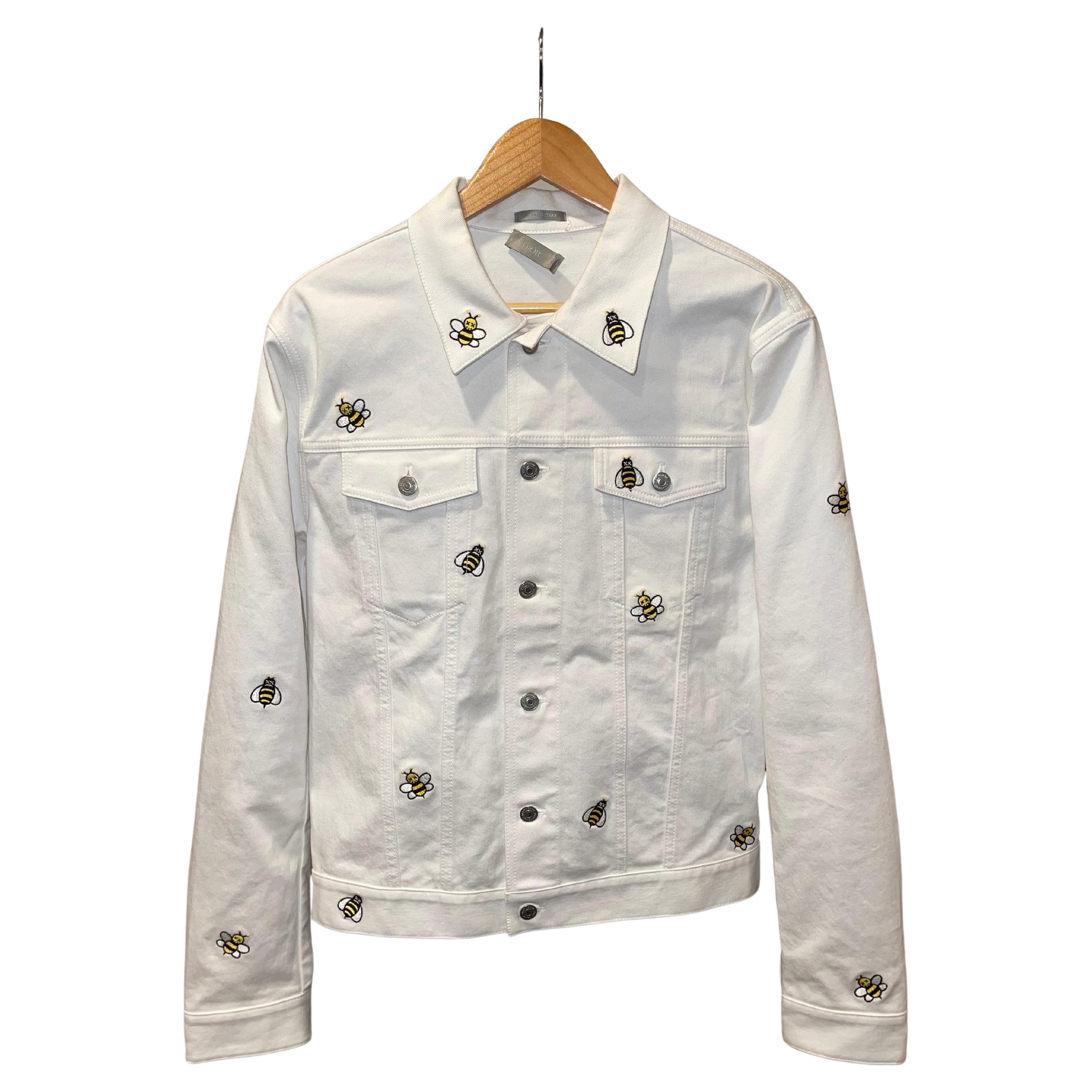 RARE Dior x Kaws Bees White Denim Jacket size 52 For Sale