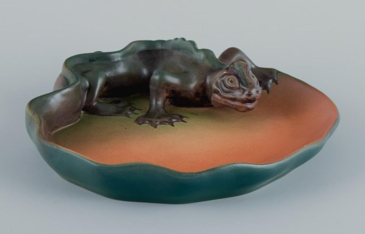 Danish Rare Dish in Glazed Ceramic with a Lizard, Ipsens, Denmark For Sale