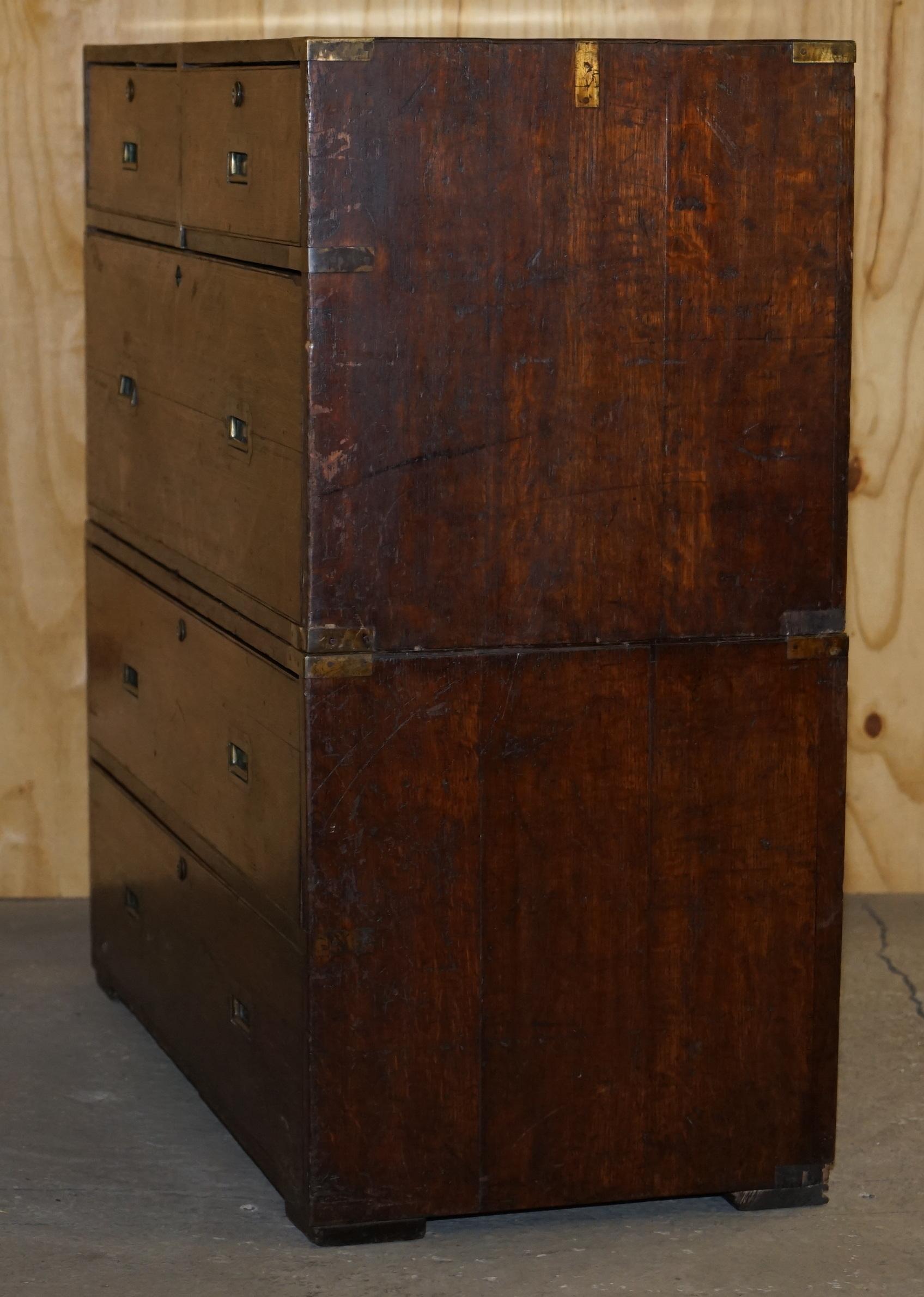 Rare Distressed circa 1880 English Oak Military Campaign Used Chest of Drawers 3