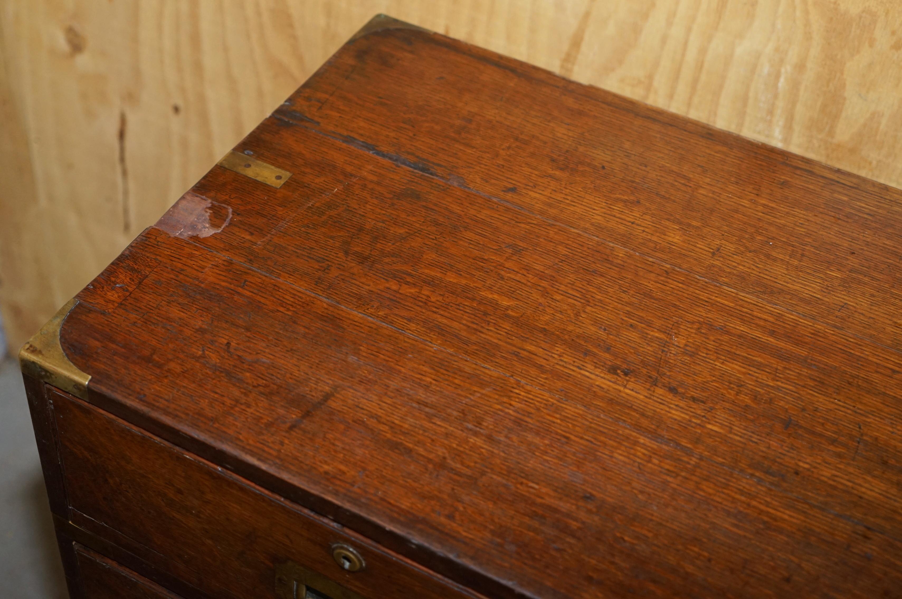 Hand-Crafted Rare Distressed circa 1880 English Oak Military Campaign Used Chest of Drawers