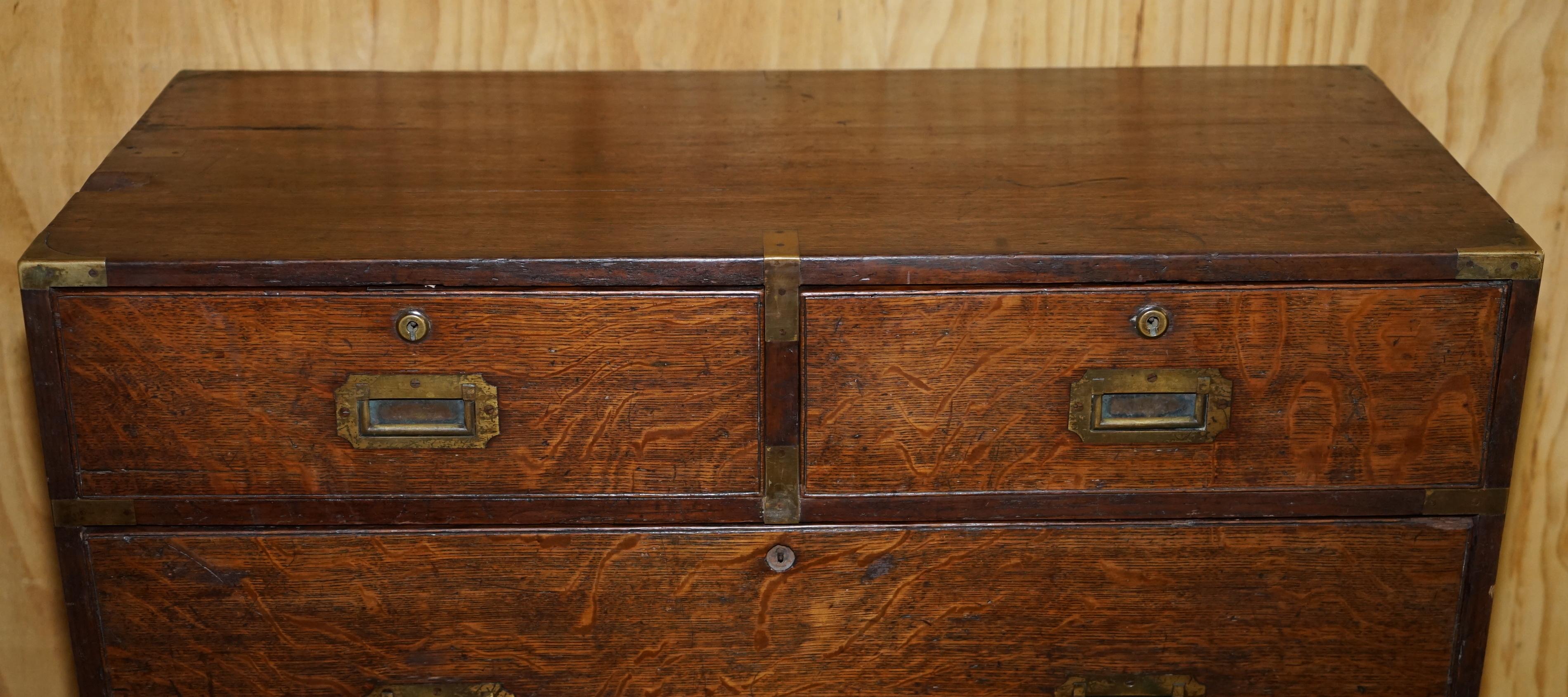 Late 19th Century Rare Distressed circa 1880 English Oak Military Campaign Used Chest of Drawers
