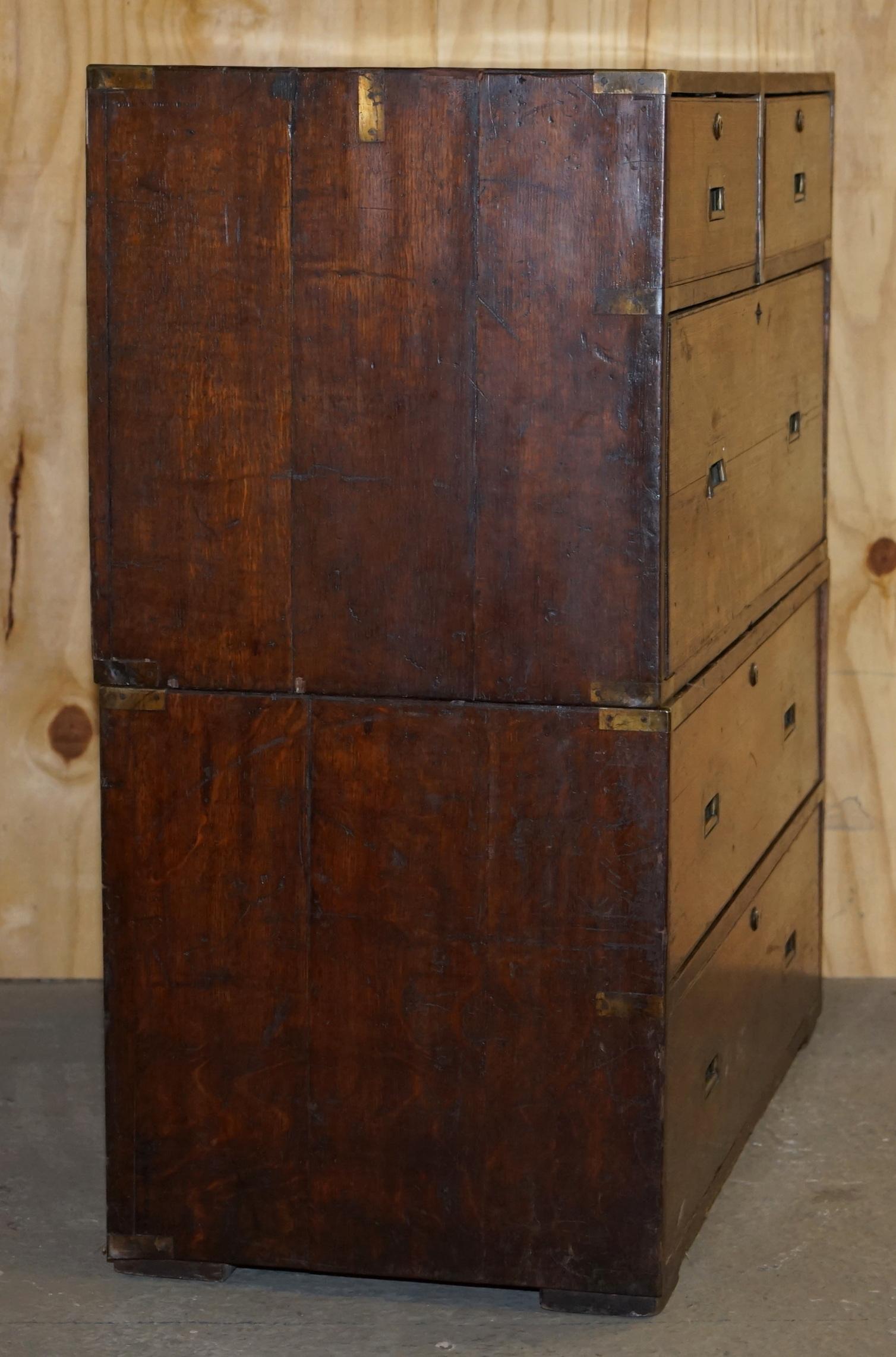 Rare Distressed circa 1880 English Oak Military Campaign Used Chest of Drawers 1