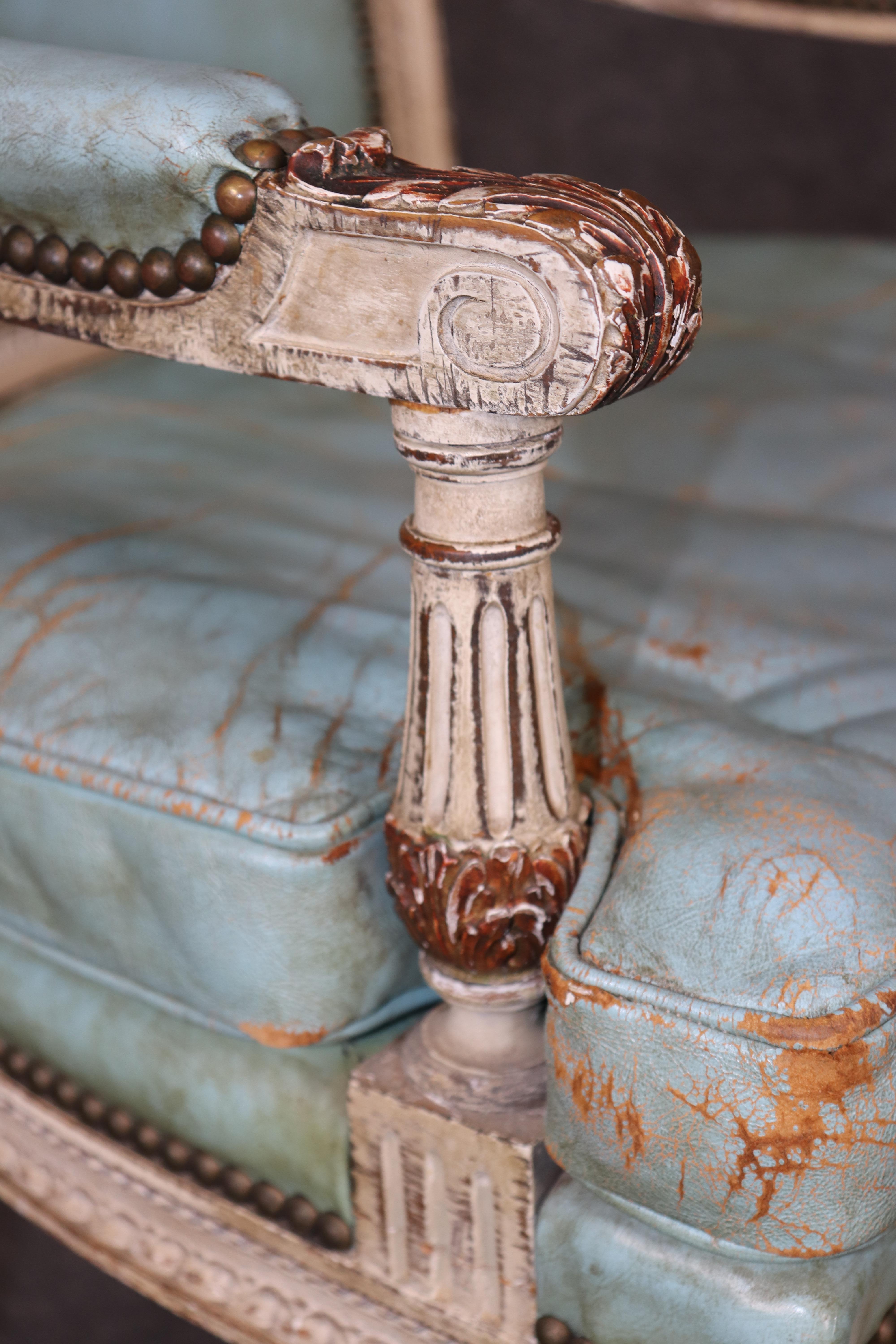 Rare Distressed Paint Set 12 Signed Maison Jansen Caned  Leather Dining Chairs For Sale 4