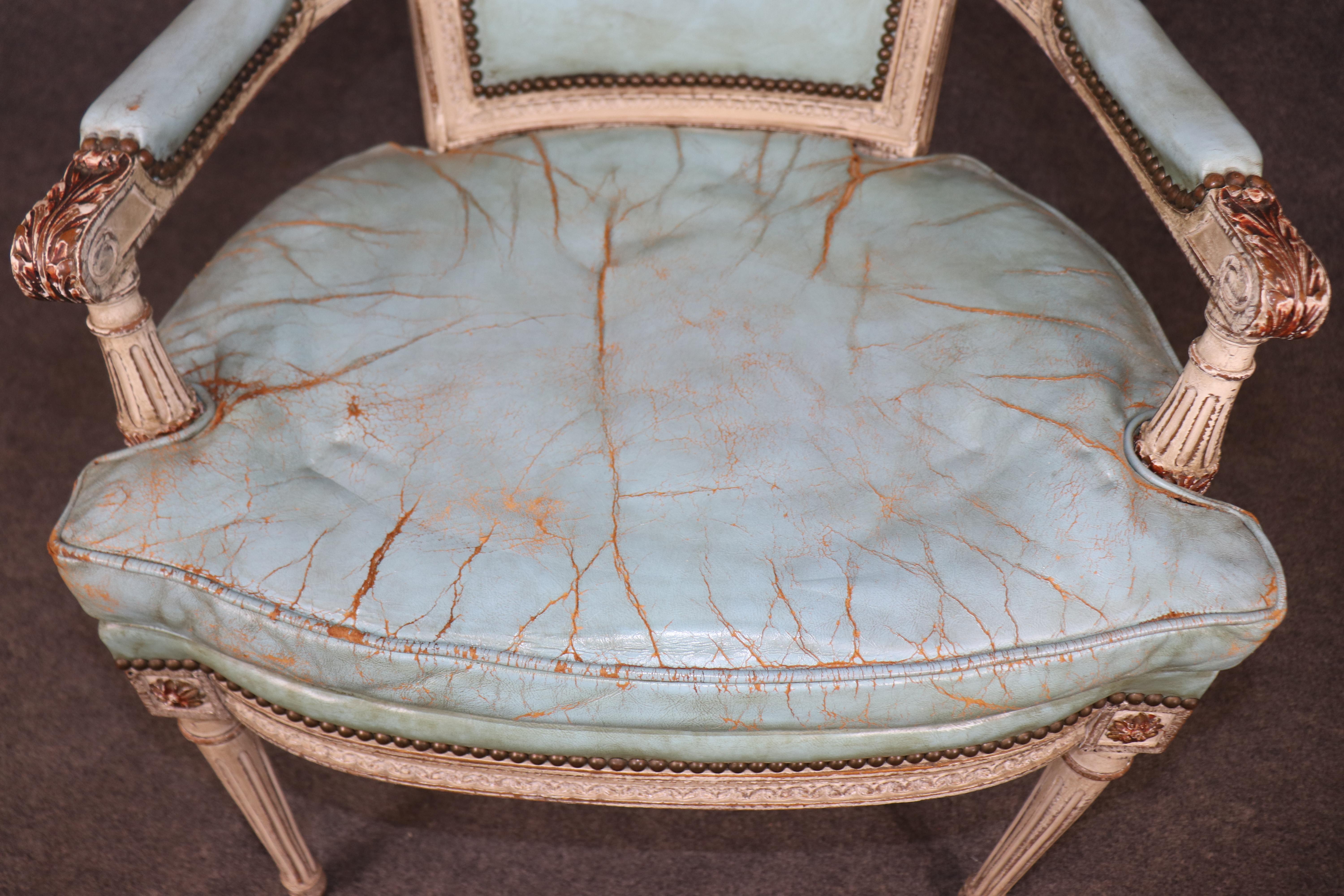 Rare Distressed Paint Set 12 Signed Maison Jansen Caned  Leather Dining Chairs For Sale 5