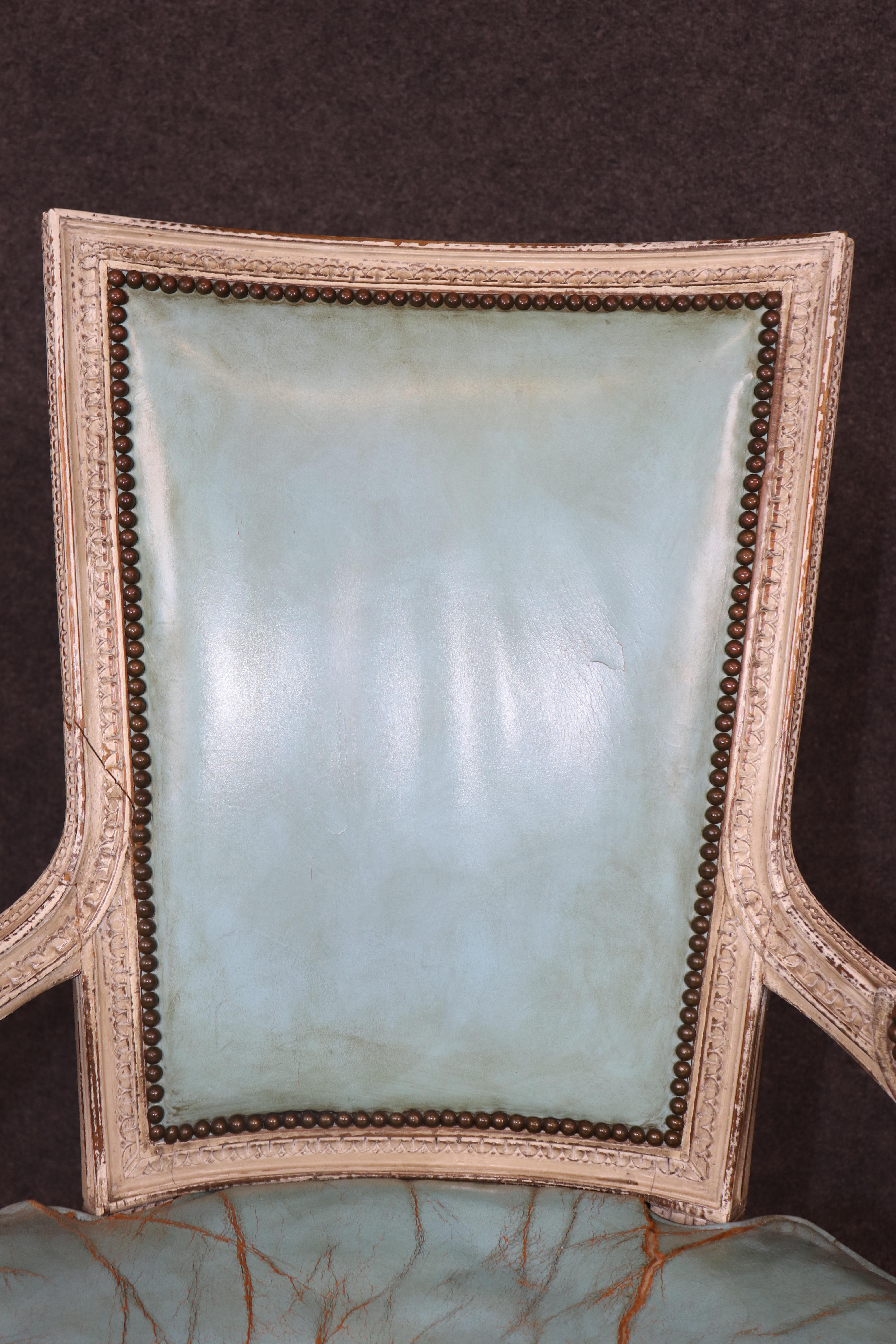 Rare Distressed Paint Set 12 Signed Maison Jansen Caned  Leather Dining Chairs For Sale 6