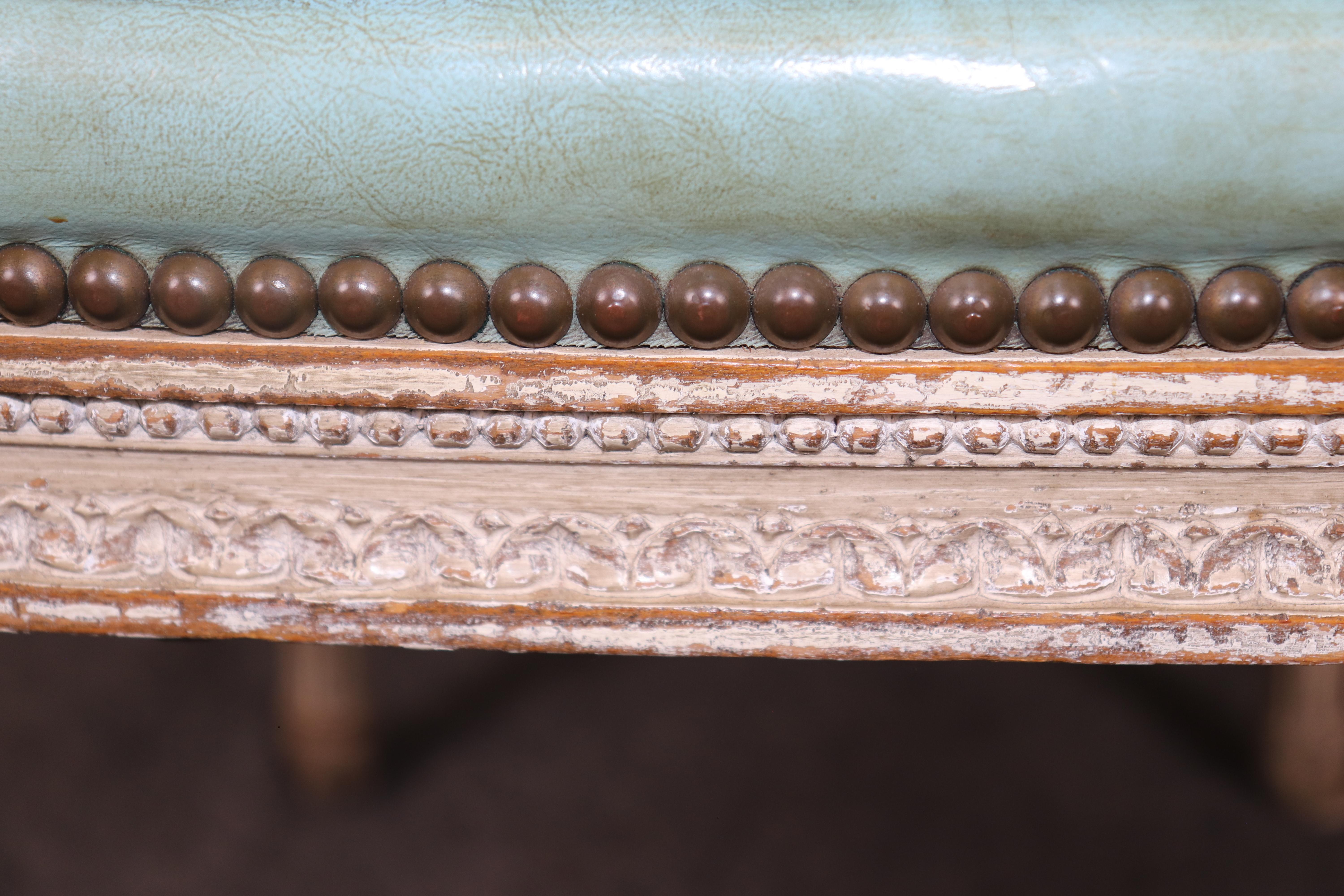 Rare Distressed Paint Set 12 Signed Maison Jansen Caned  Leather Dining Chairs For Sale 7