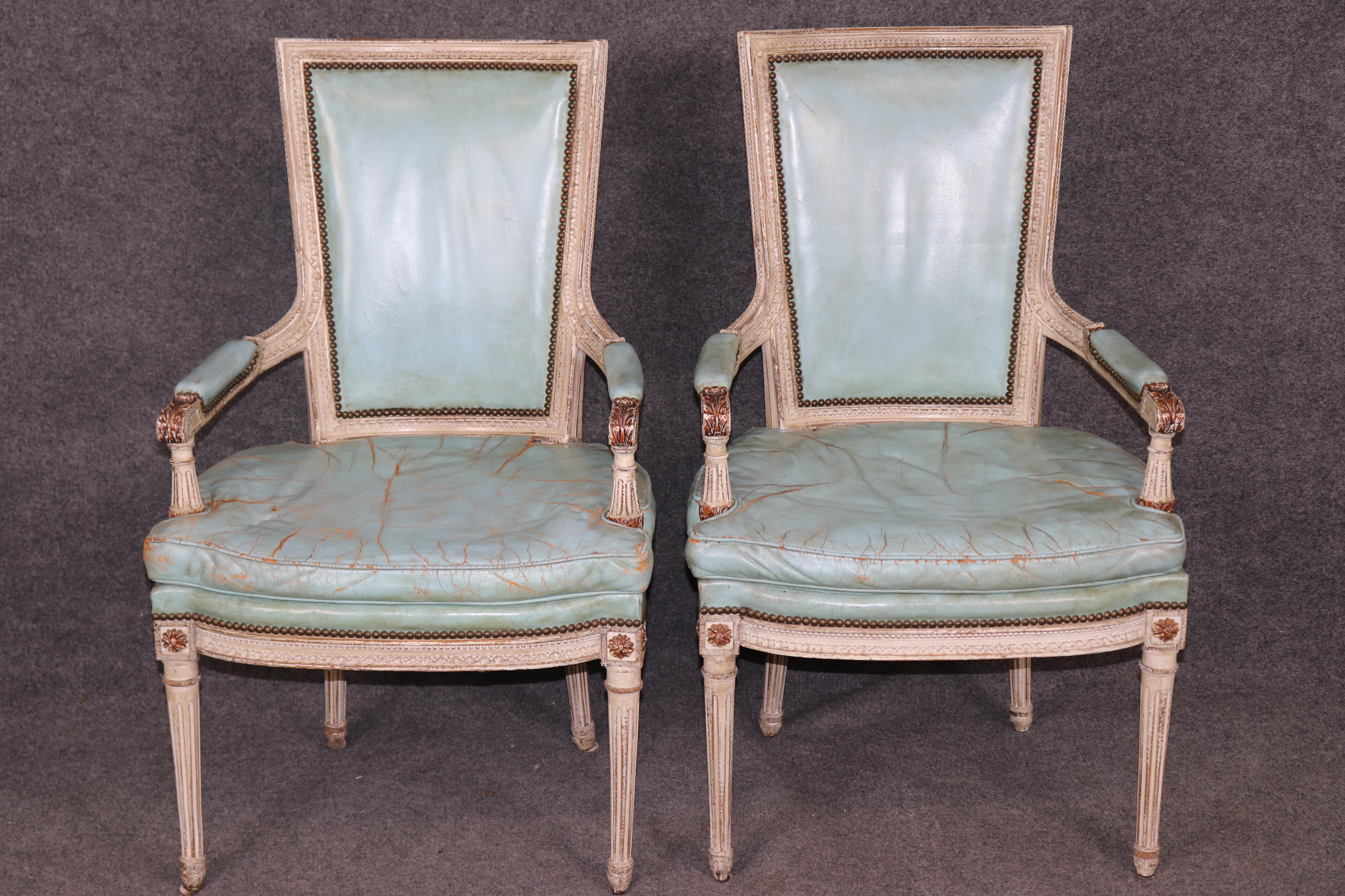 Louis XVI Rare Distressed Paint Set 12 Signed Maison Jansen Caned  Leather Dining Chairs For Sale