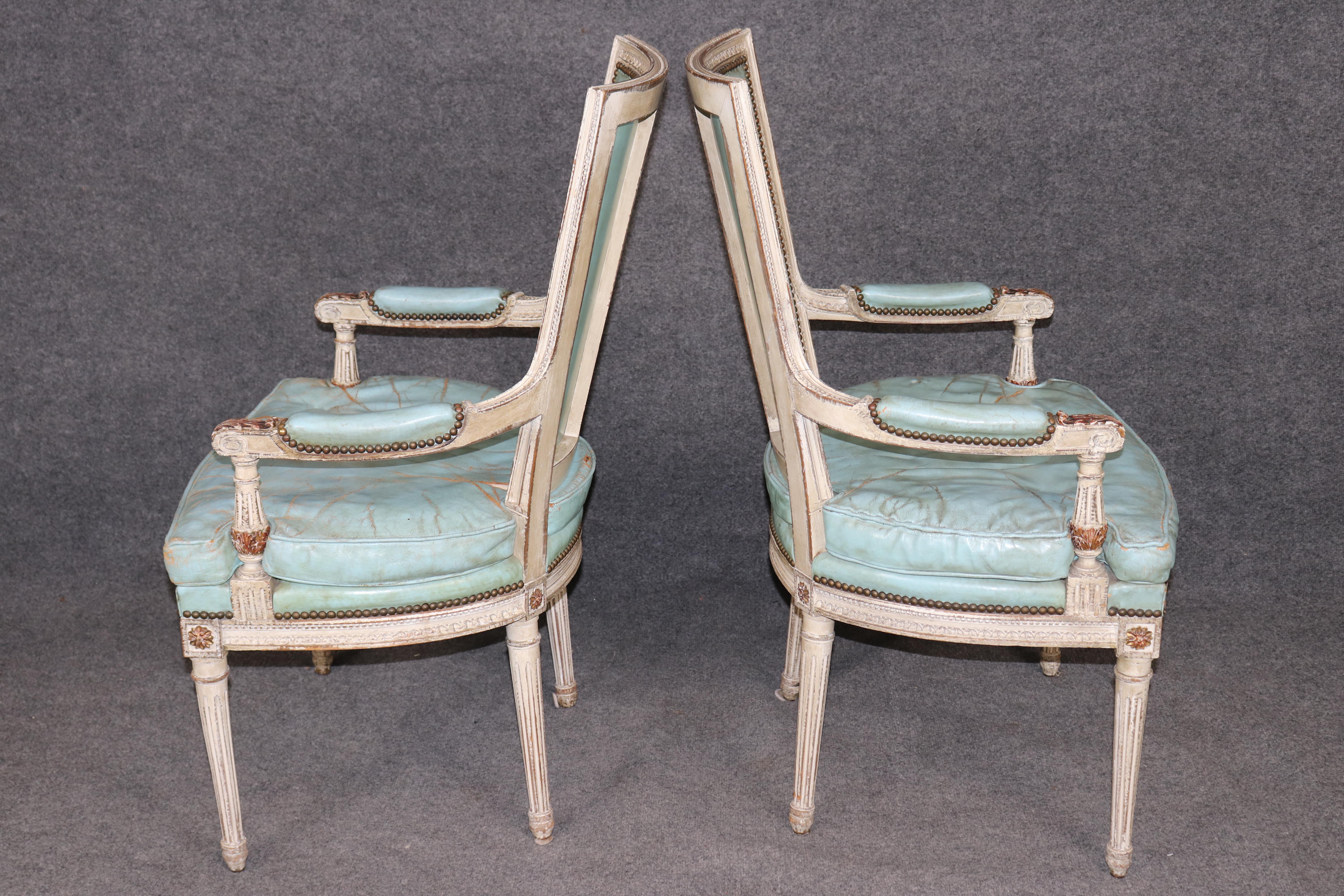 French Rare Distressed Paint Set 12 Signed Maison Jansen Caned  Leather Dining Chairs For Sale