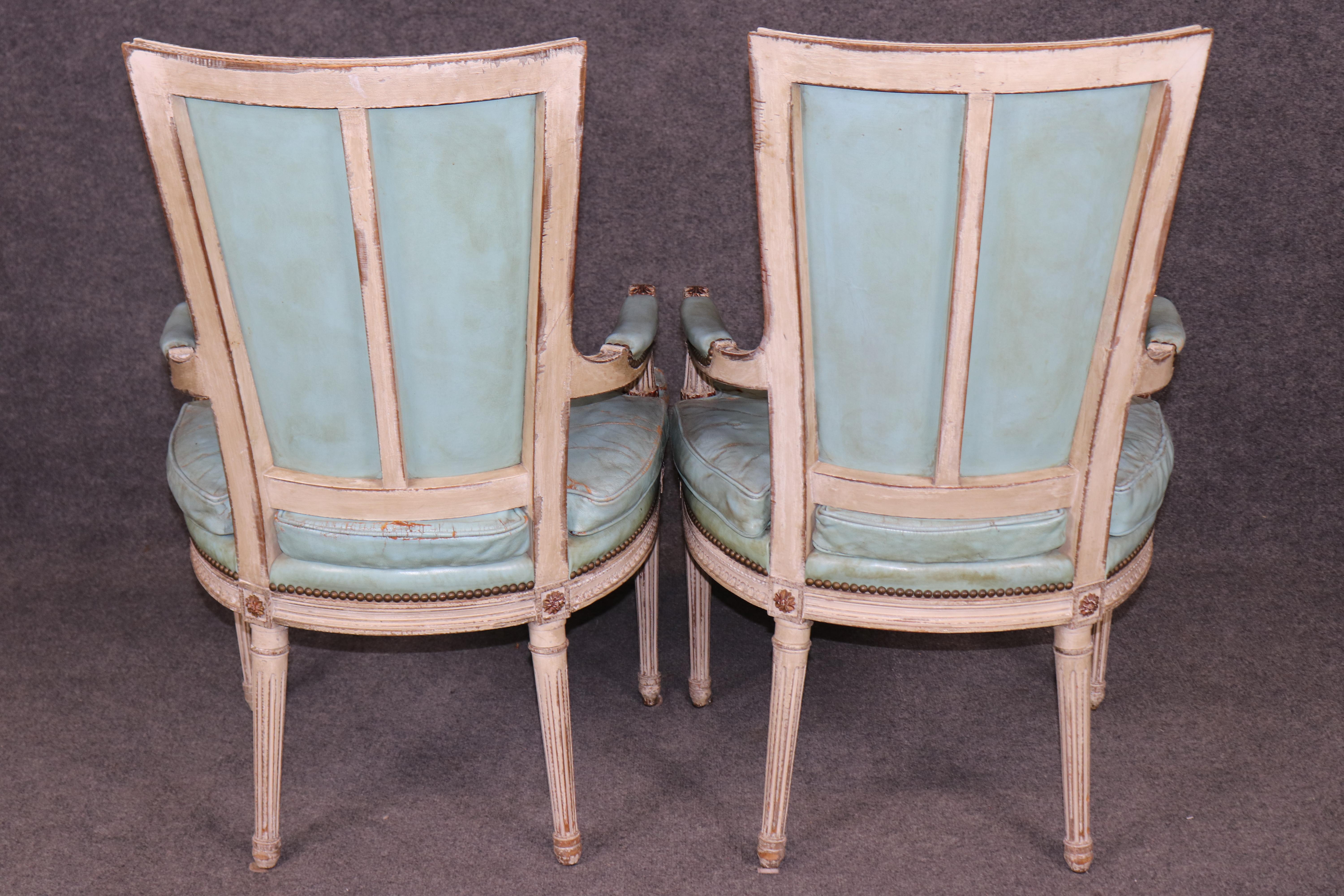 Rare Distressed Paint Set 12 Signed Maison Jansen Caned  Leather Dining Chairs In Distressed Condition For Sale In Swedesboro, NJ