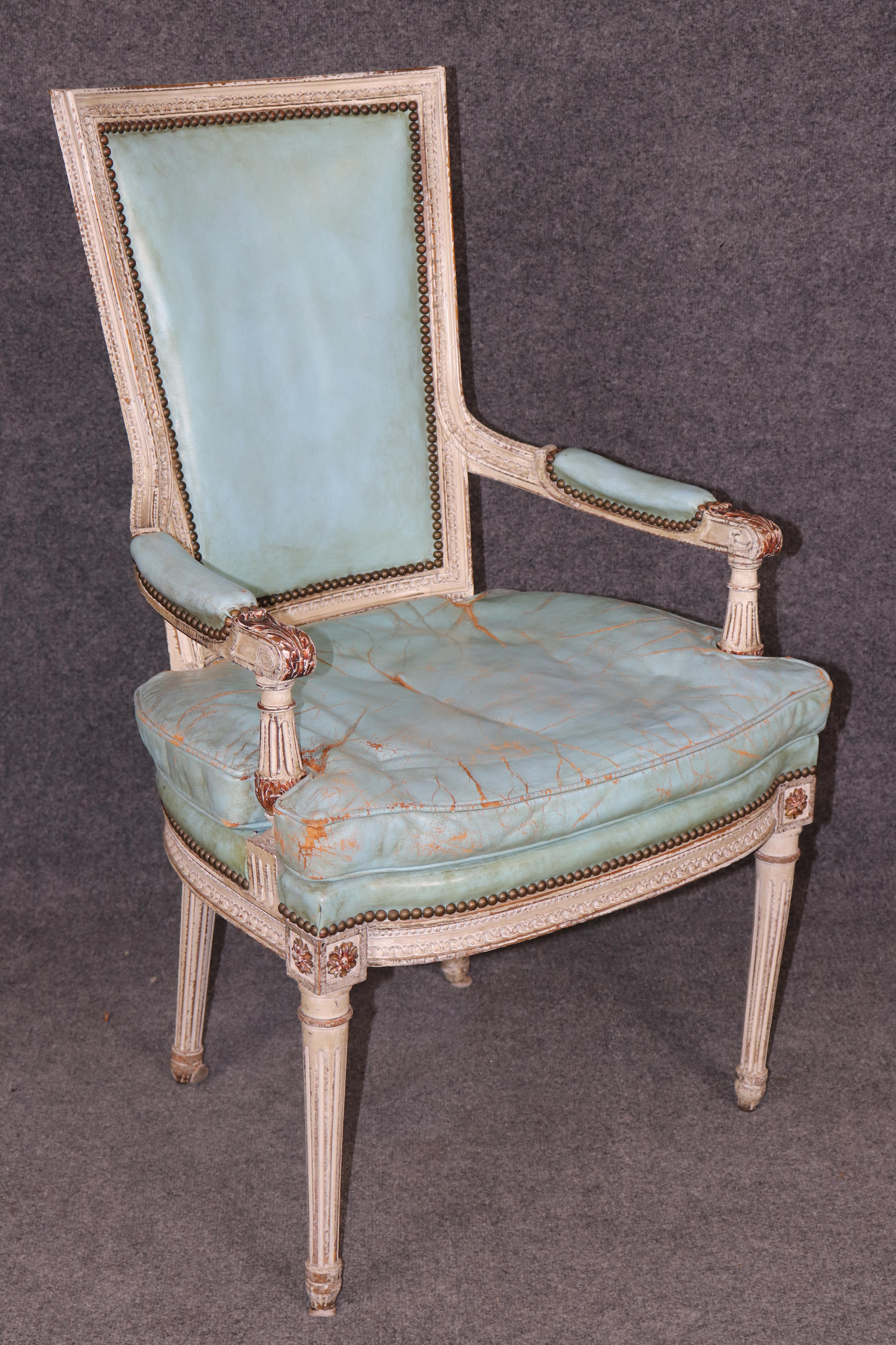 Early 20th Century Rare Distressed Paint Set 12 Signed Maison Jansen Caned  Leather Dining Chairs For Sale
