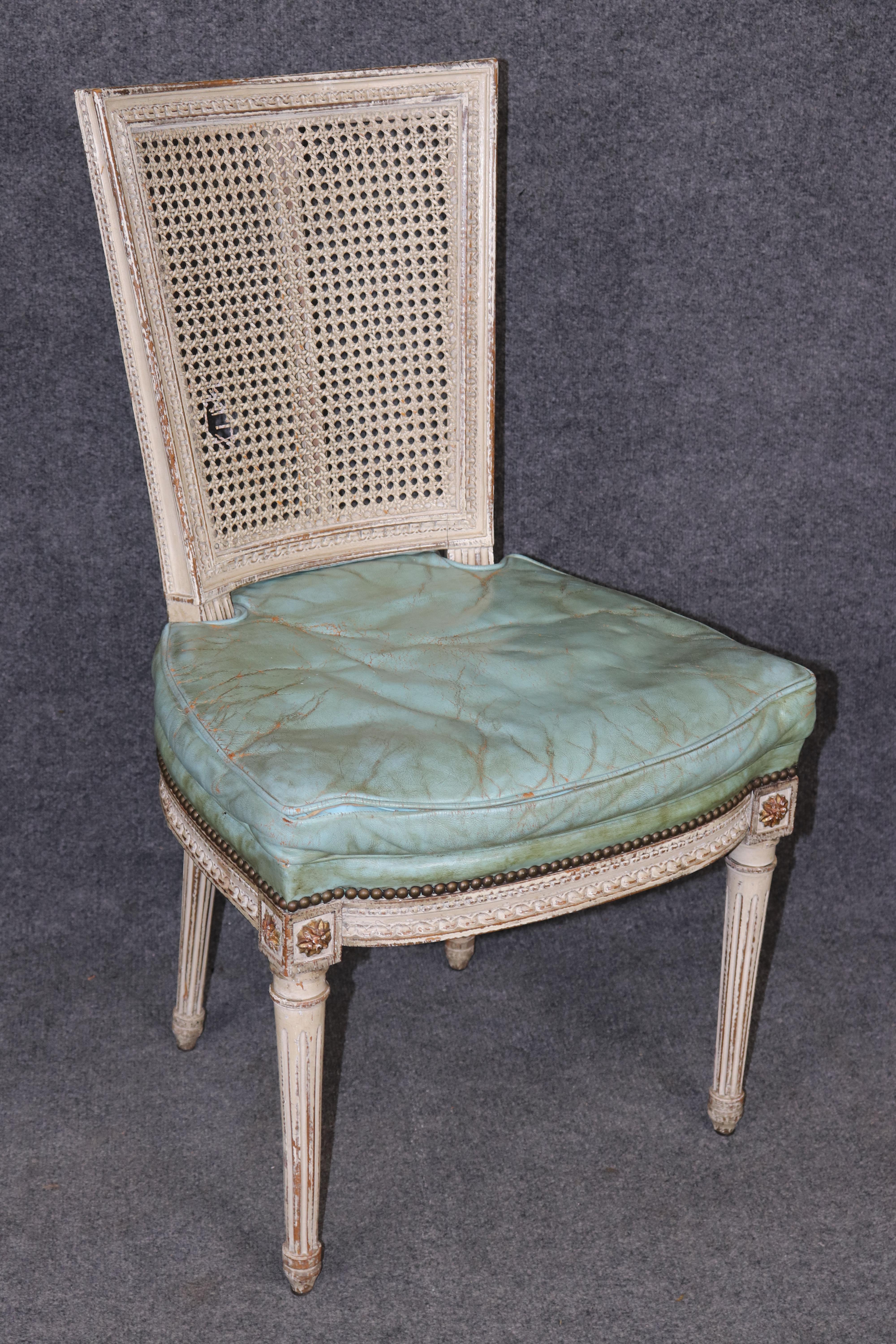 Rare Distressed Paint Set 12 Signed Maison Jansen Caned  Leather Dining Chairs For Sale 1