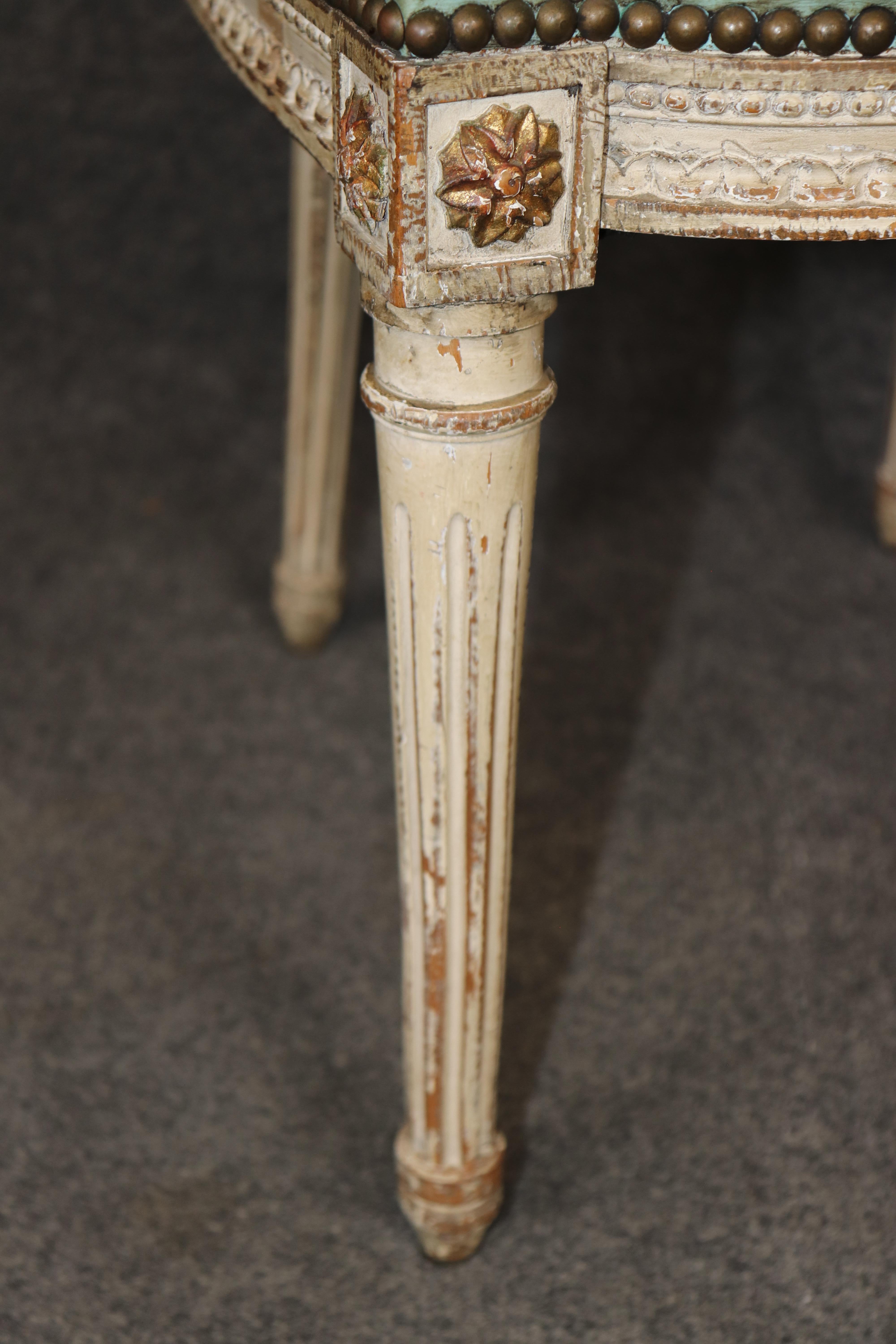 Rare Distressed Paint Set 12 Signed Maison Jansen Caned  Leather Dining Chairs For Sale 2