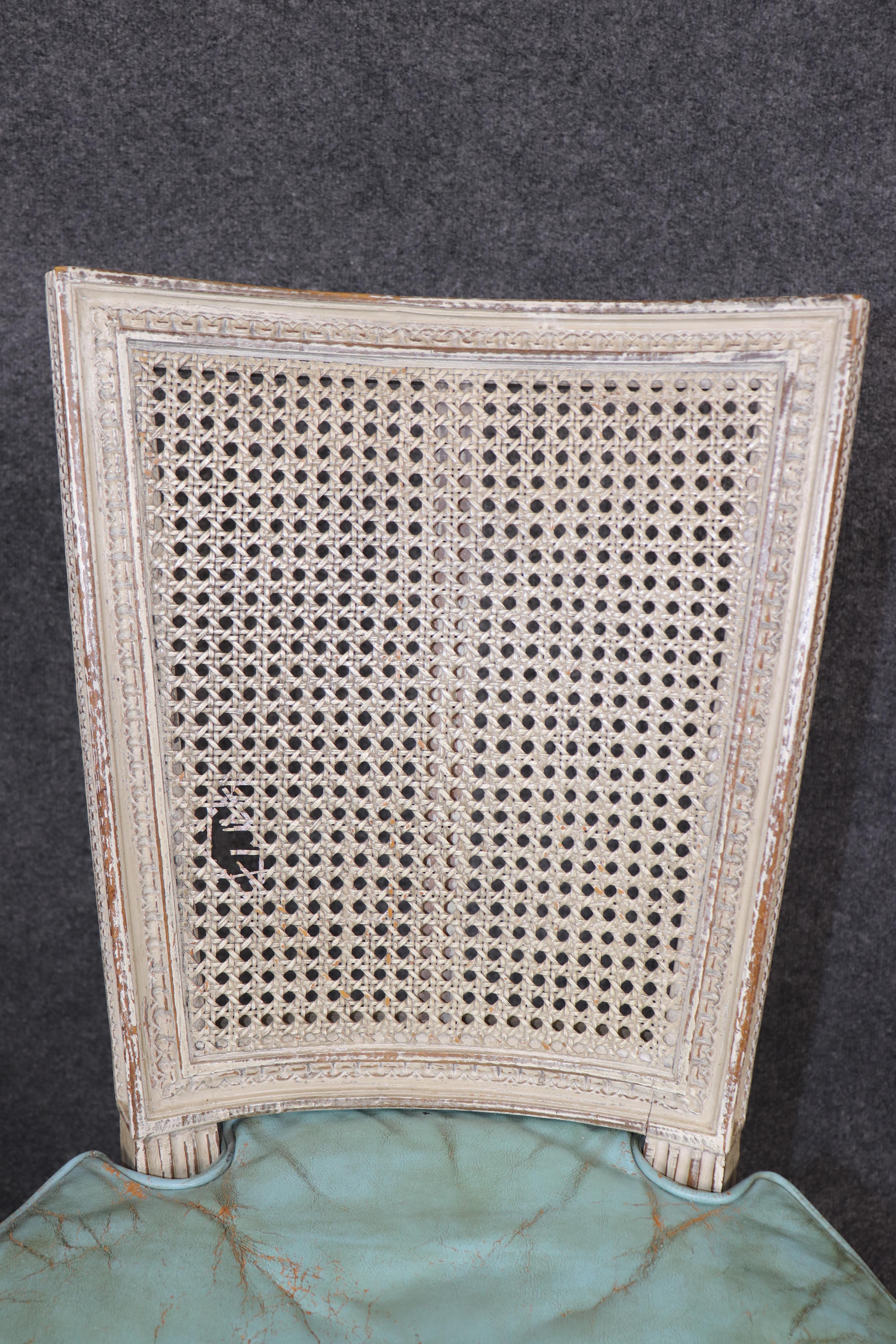 Rare Distressed Paint Set 12 Signed Maison Jansen Caned  Leather Dining Chairs For Sale 3