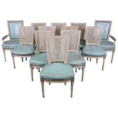 Antique Rare Distressed Paint Set 12 Signed Maison Jansen Caned  Leather Dining Chairs