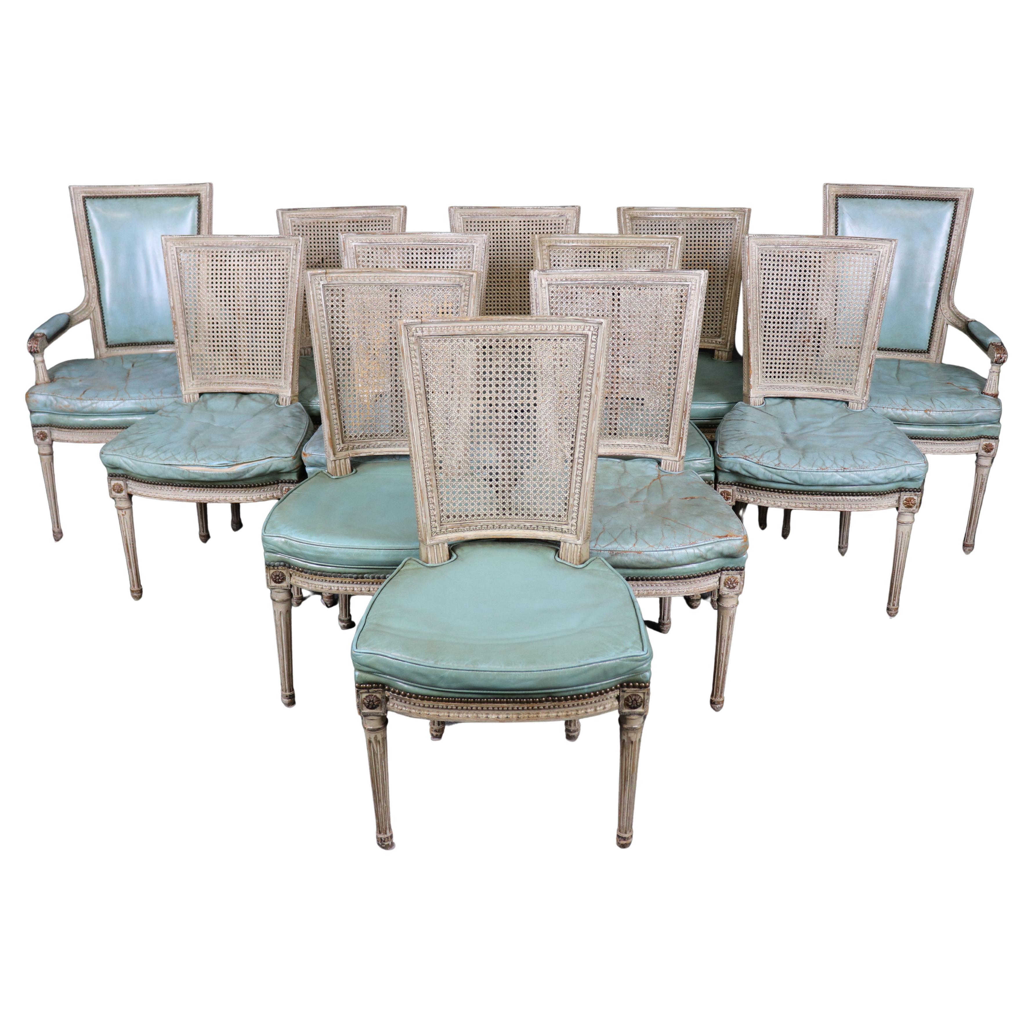 Rare Distressed Paint Set 12 Signed Maison Jansen Caned  Leather Dining Chairs For Sale