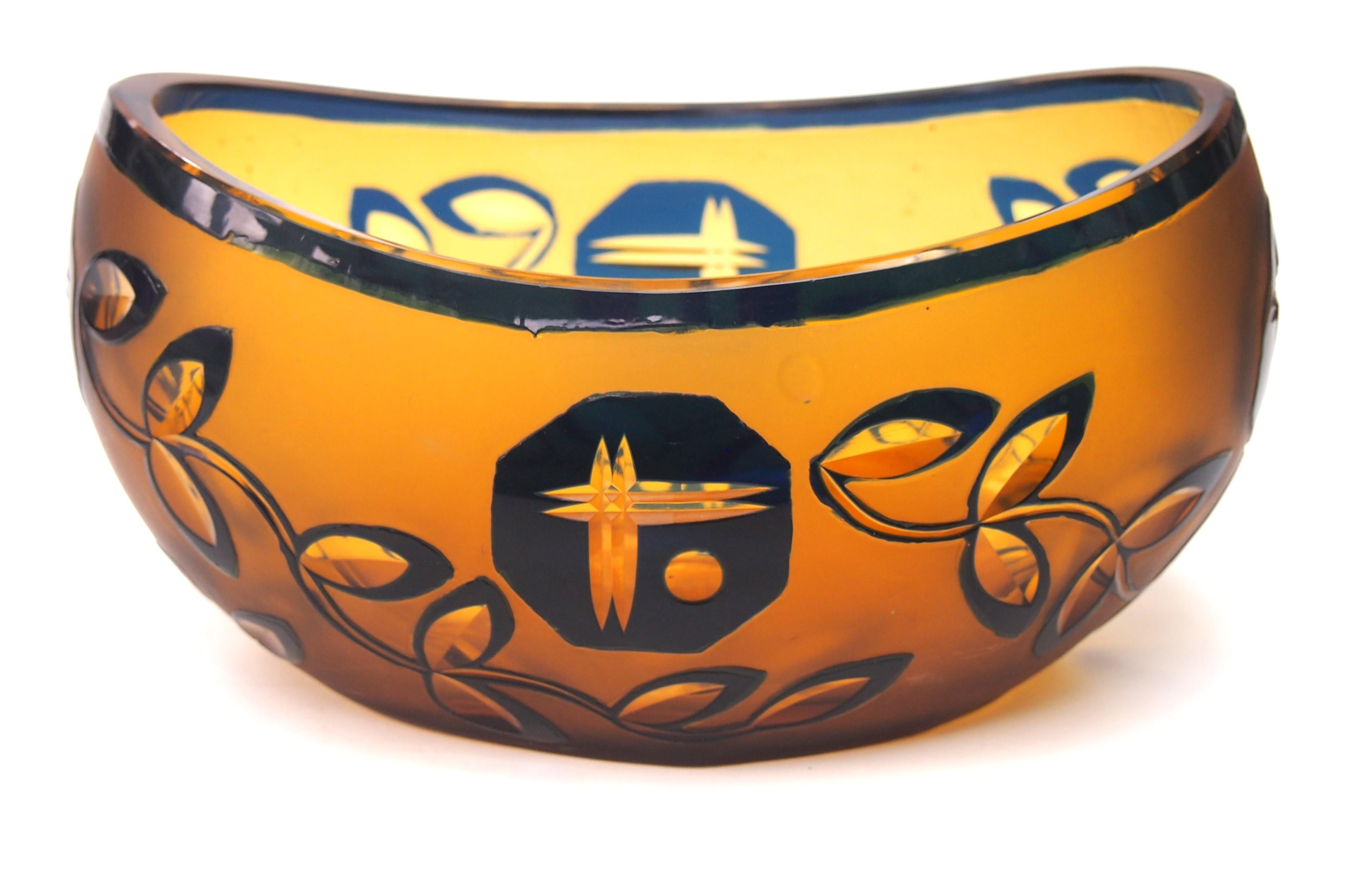 Czech Rare Documented Art Deco Cut Glass Glass Loetz Blue and Orange Bowl c 1925 For Sale