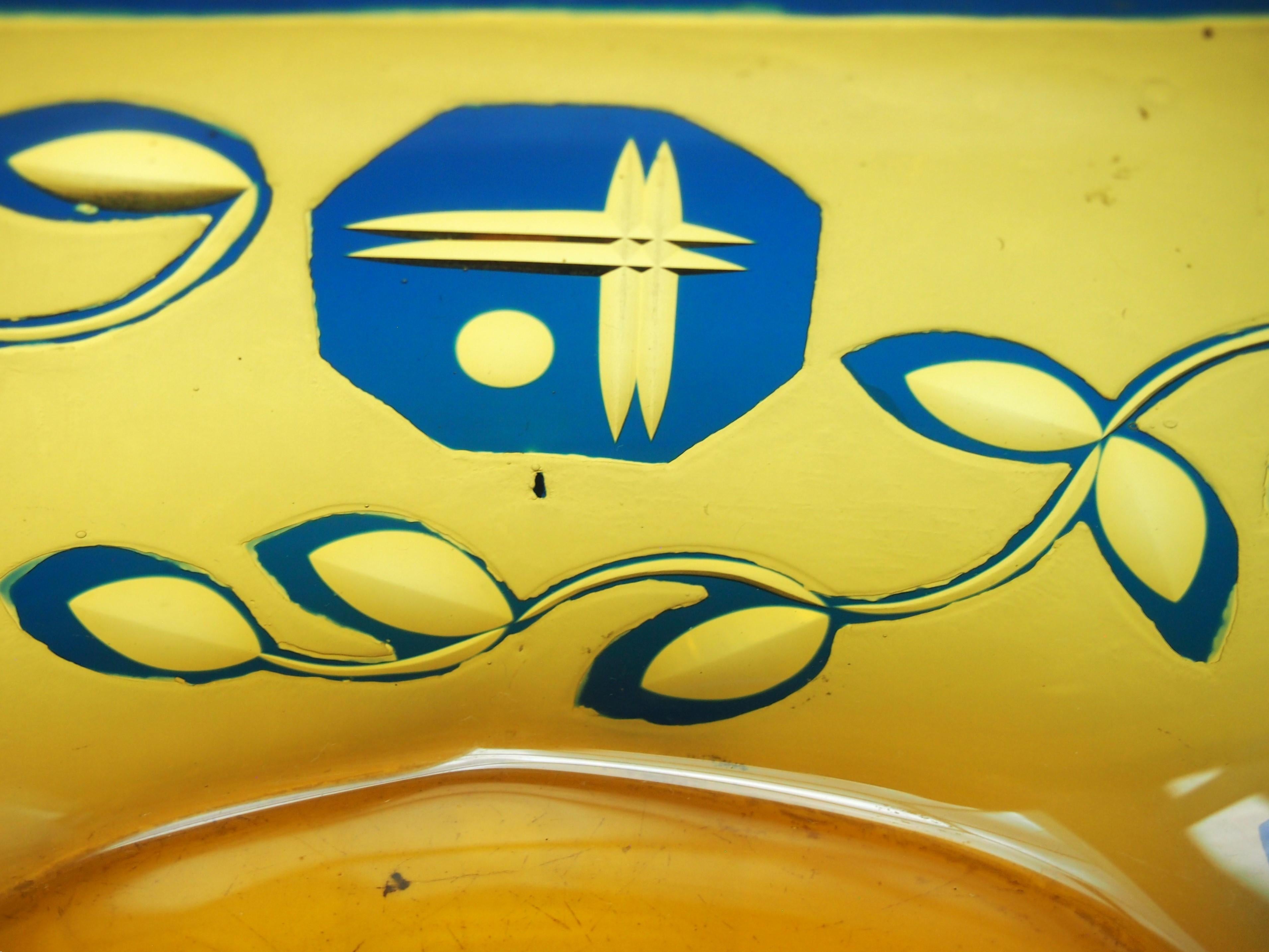 Art Glass Rare Documented Art Deco Cut Glass Glass Loetz Blue and Orange Bowl c 1925 For Sale