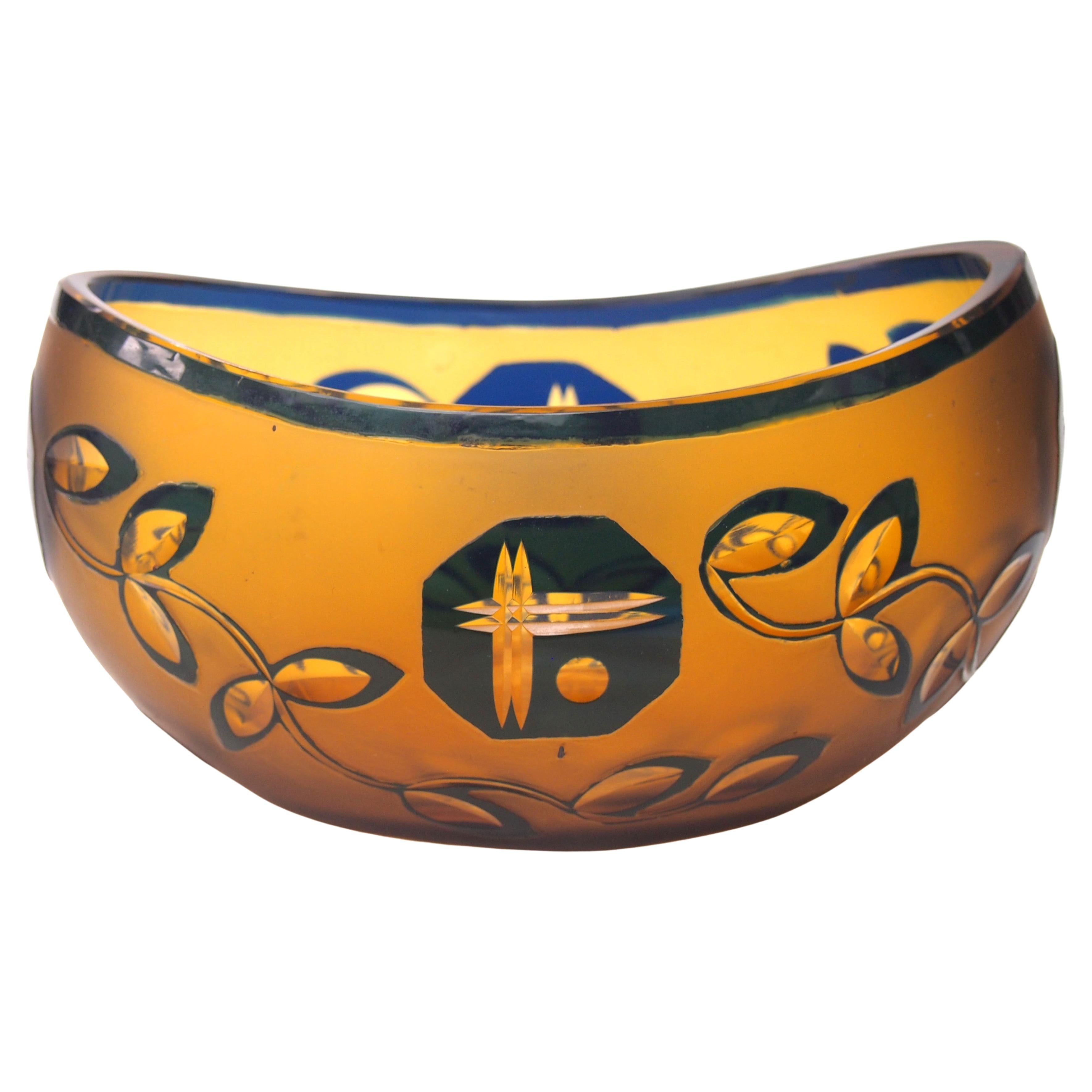 Rare Documented Art Deco Cut Glass Glass Loetz Blue and Orange Bowl c 1925 For Sale