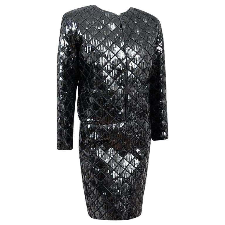 Rare Documented Museumpiece CHANEL Black Quilted Sequin Jacket Skirt ...