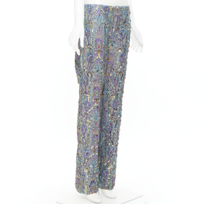 Gray rare DOLCE GABBANA 2000 blue purple iridescent jewel embellished pants M For Sale