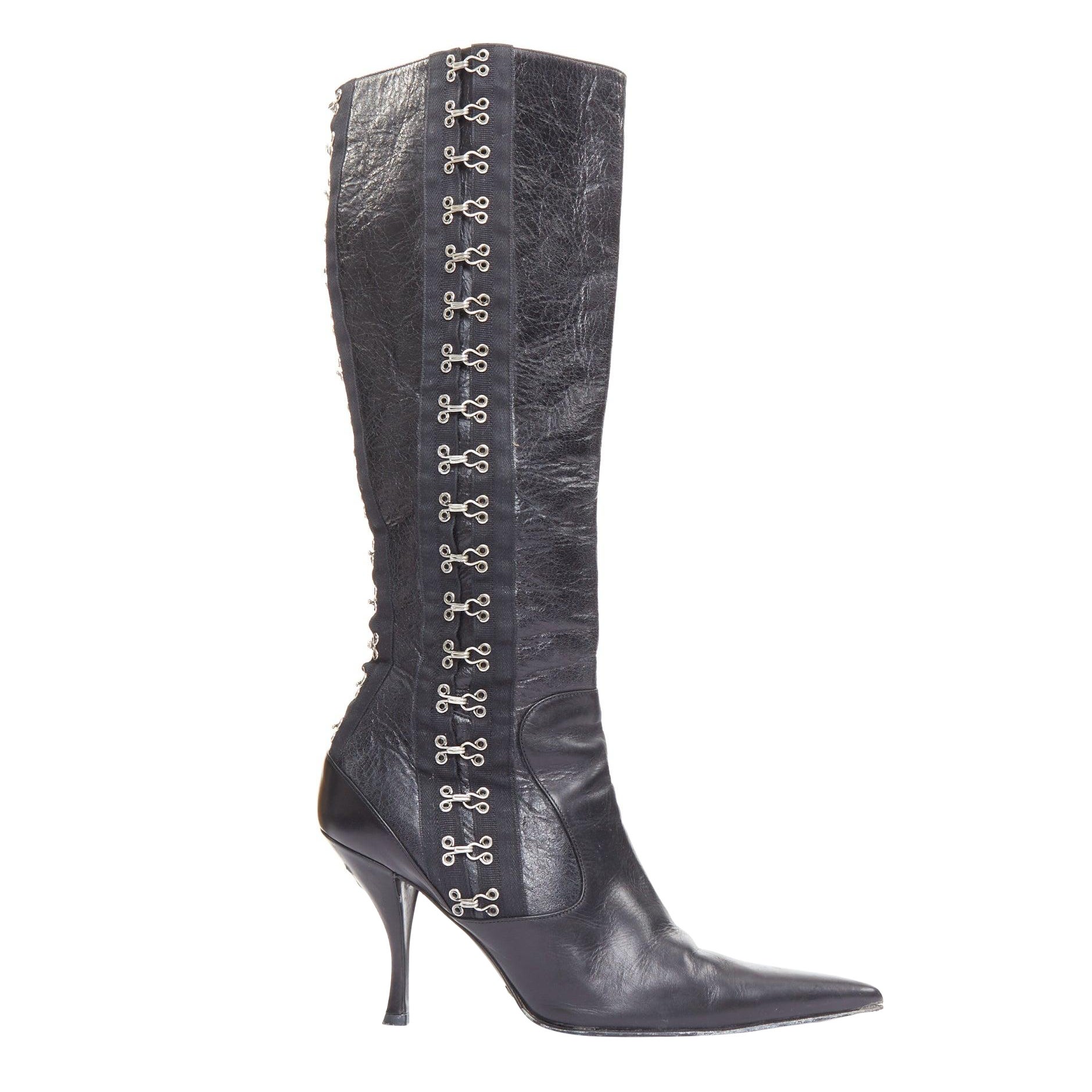 rare DOLCE GABBANA 2003 Vintage Corset leather eyelet pointy tall boots EU38