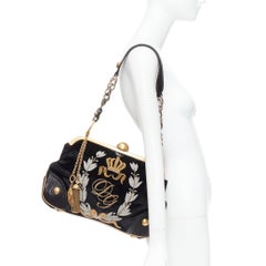 rare DOLCE GABBANA 2006 Runway black velvet gold DG logo embroidered bag