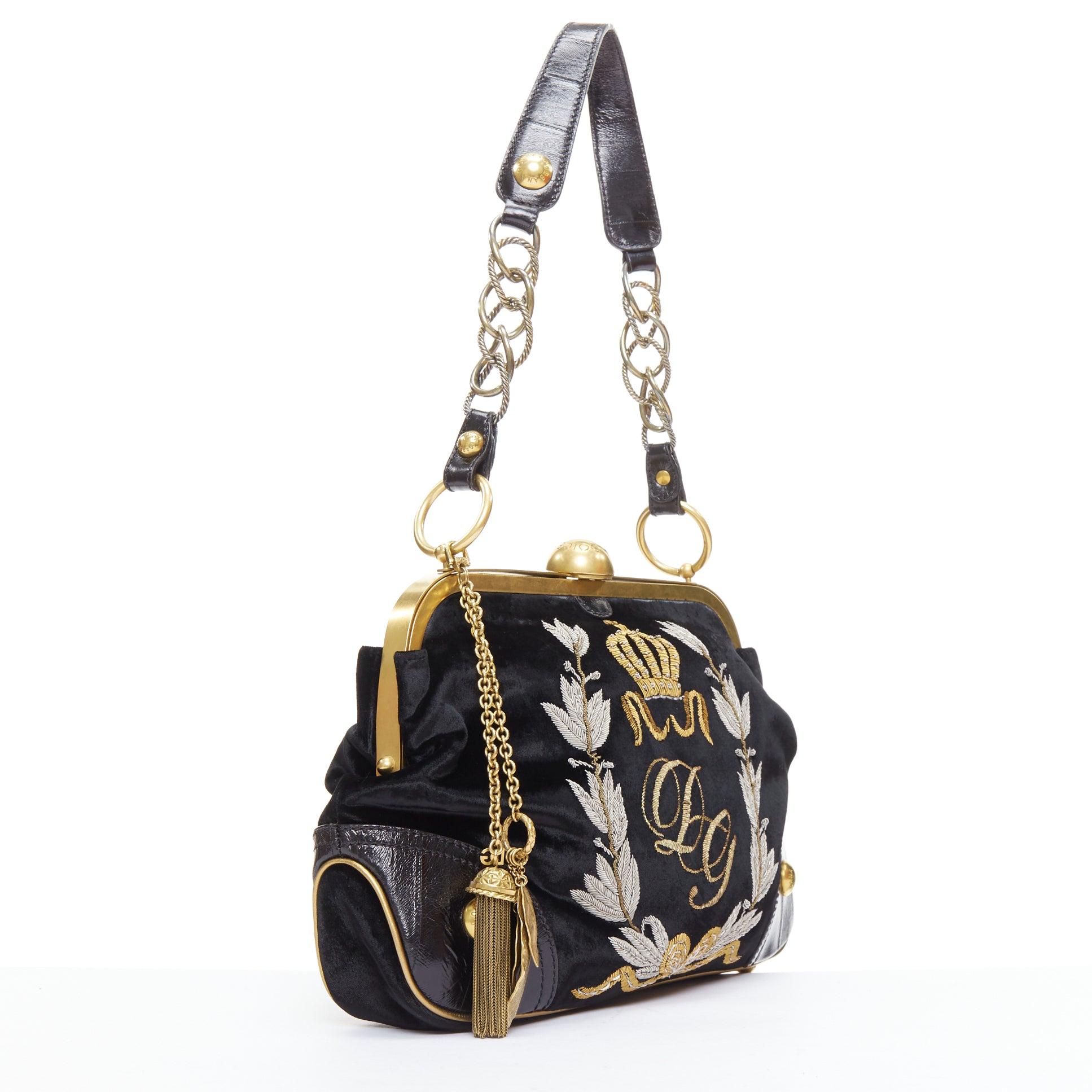 Black rare DOLCE GABBANA 2006 Runway black velvet gold DG logo embroidered bag