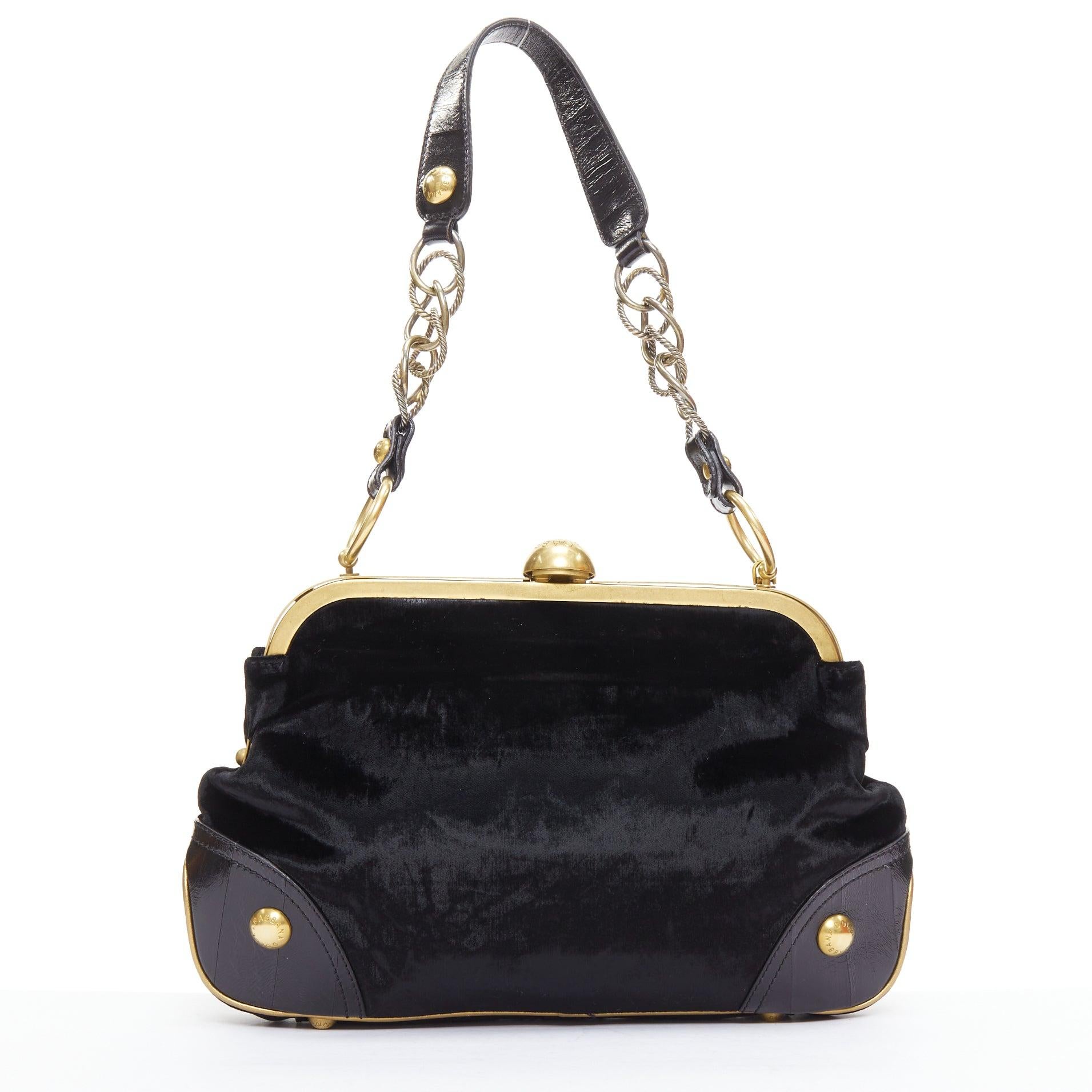 Women's rare DOLCE GABBANA 2006 Runway black velvet gold DG logo embroidered bag