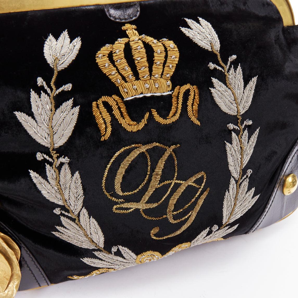rare DOLCE GABBANA 2006 Runway black velvet gold DG logo embroidered bag 1