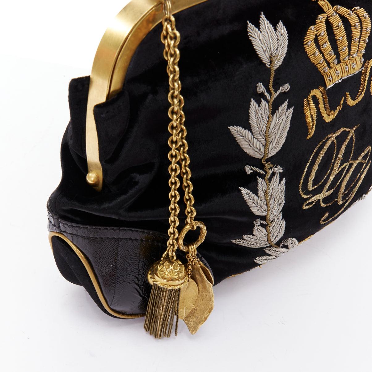 rare DOLCE GABBANA 2006 Runway black velvet gold DG logo embroidered bag 2