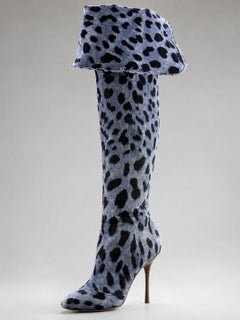 Rare Dolce & Gabbana Blue Denim Leopard Print Over-the-Knee Stiletto Boots 39.5