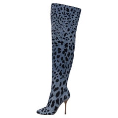 Rare Dolce & Gabbana Blue Denim Leopard Print Over-the-Knee Stiletto Boots 39.5