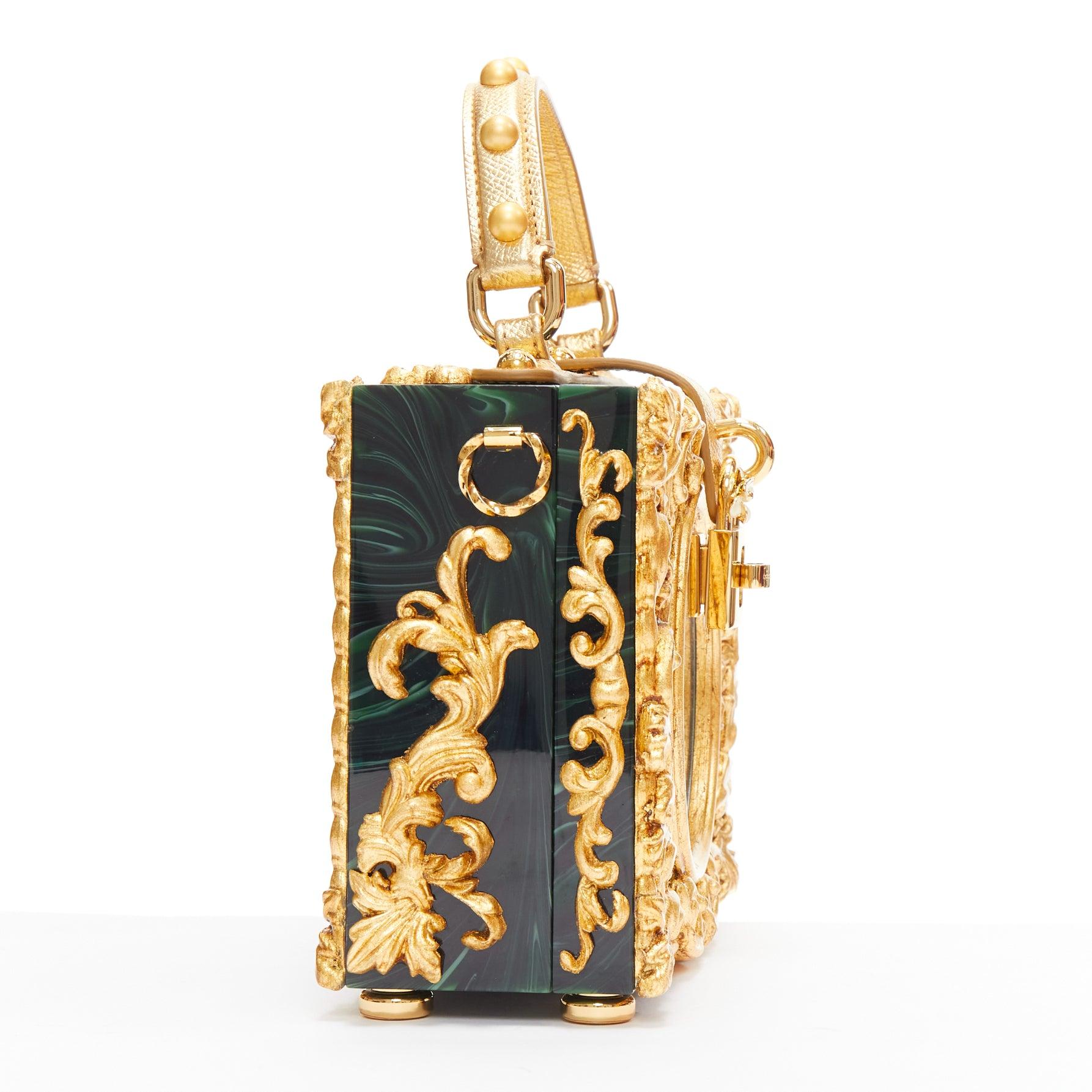 Women's rare DOLCE GABBANA Box Orologio Barocco gold metal green marble resin vanity bag For Sale