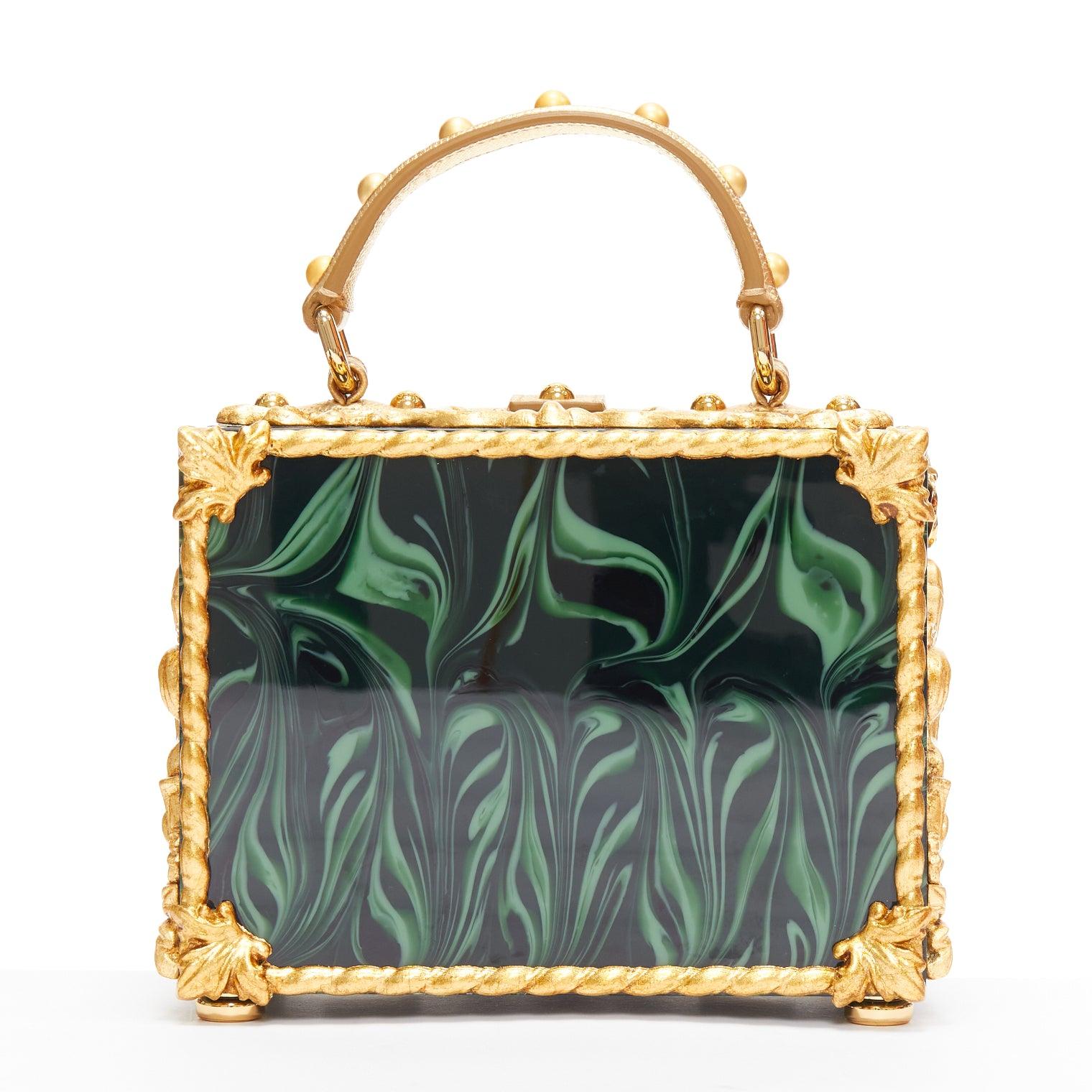 Women's rare DOLCE GABBANA Box Orologio Barocco gold metal green marble resin vanity bag For Sale