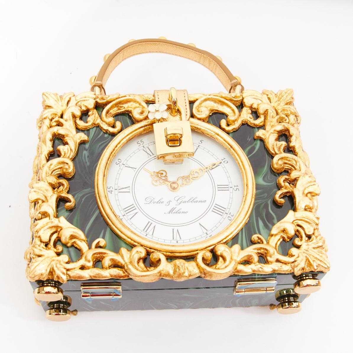 rare DOLCE GABBANA Box Orologio Barocco gold metal green marble resin vanity bag For Sale 2