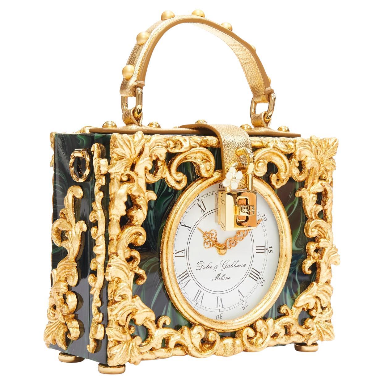 rare DOLCE GABBANA Box Orologio Barocco or métal vert marbre résine vanity bag