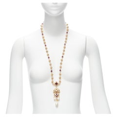 DOLCE GABBANA Collier long filigrane rare en faux saphir, perles, strass et perles