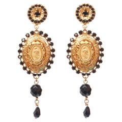 rare DOLCE GABBANA gold crystal Religious medallion coin drop clip earrings