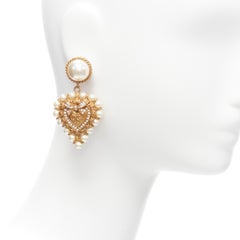 rare DOLCE GABBANA gold tone DG logo baroque pearl heart drop clip earrings