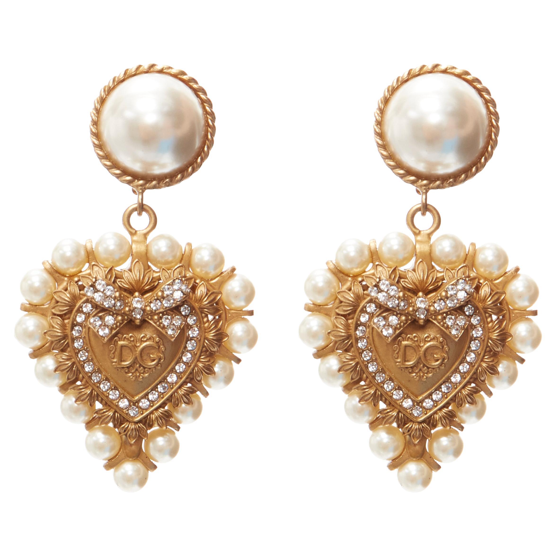 rare DOLCE GABBANA gold tone DG logo baroque pearl heart drop clip earrings